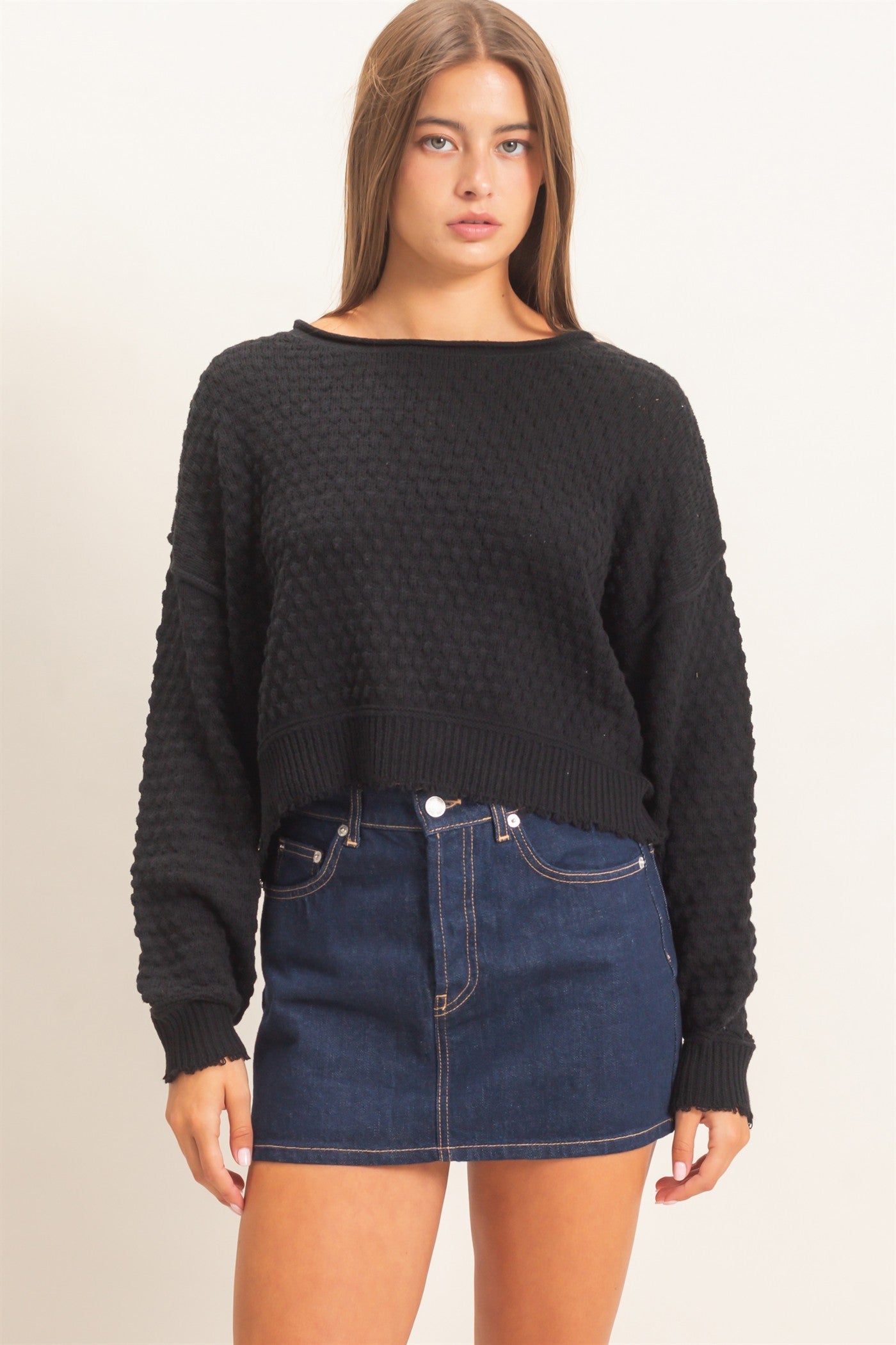 Wholesale Textured Boat Neck Sweater Sweaters DZ26E880 BLACK DOUBLE ZERO