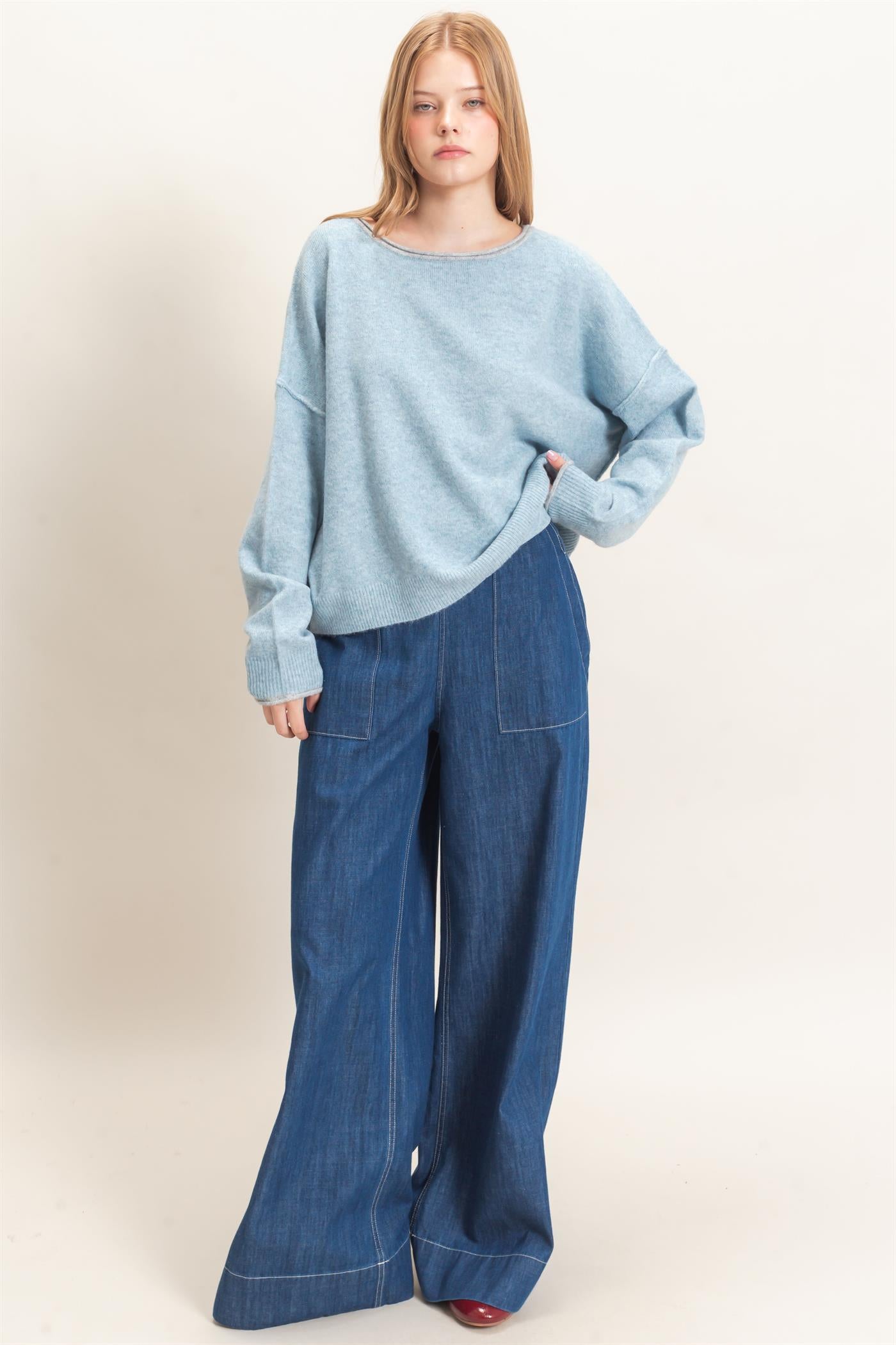Wholesale Relaxed Wide Neck Knit Sweater Sweaters HF26E066-D LIGHT BLUE HYFVE
