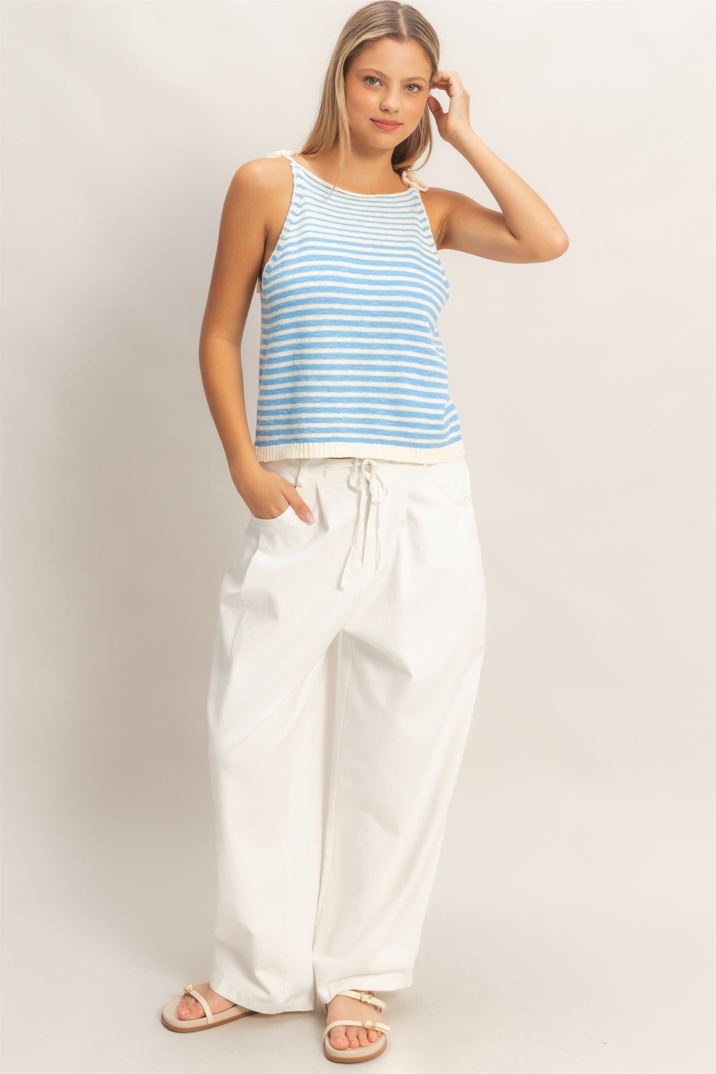 Wholesale Striped Knit Tie-Strap Tank Sweaters HF26A184 SKY BLUE HYFVE