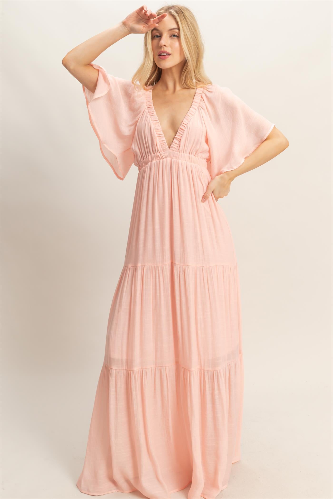 Wholesale Flutter Sleeve Maxi Dress Dresses HF26C285-D LIGHT PINK HYFVE