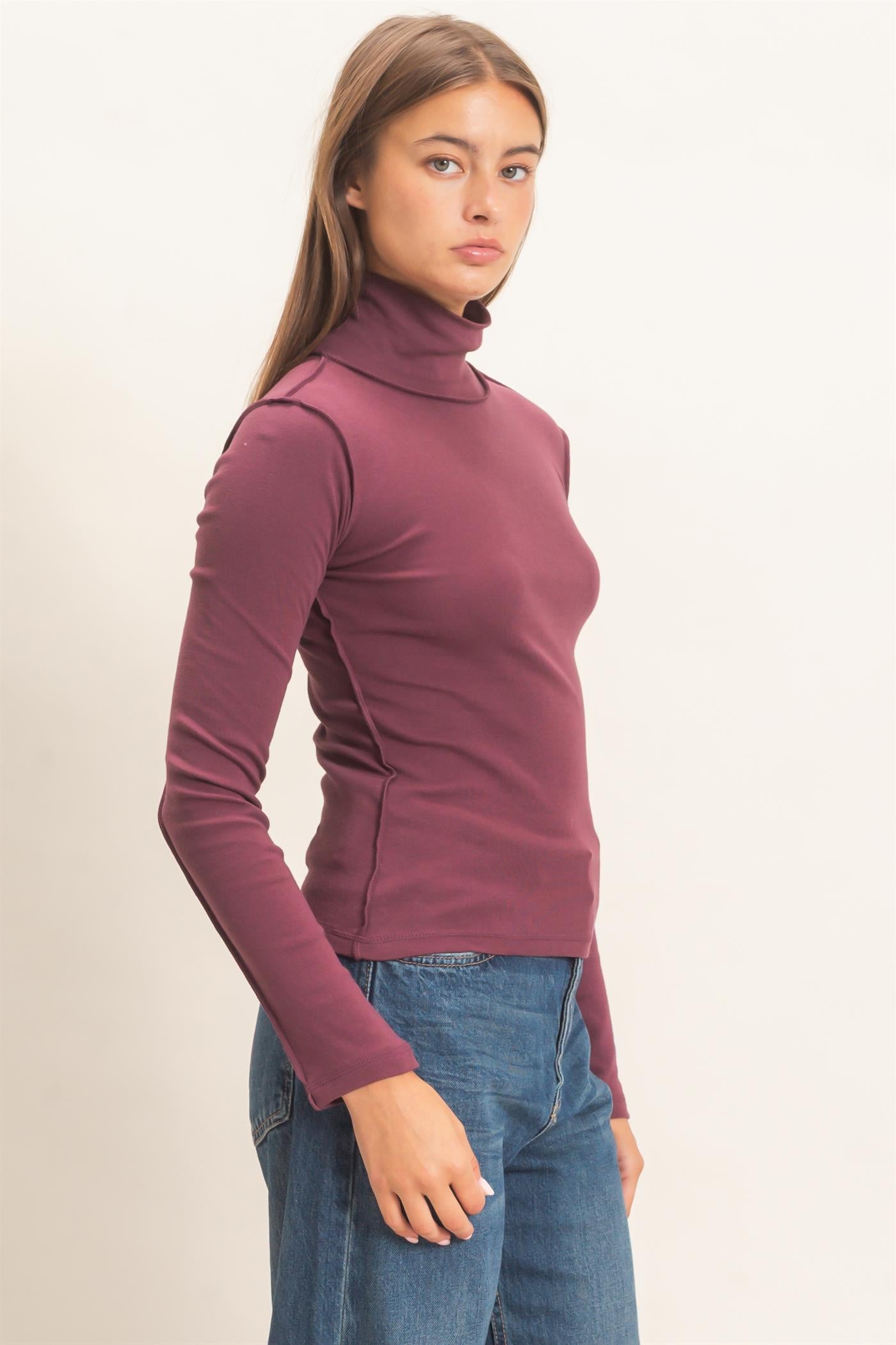 Wholesale Turtleneck Exposed Seam Long Sleeve Top Clothing Tops DZ26F241 DARK CHERRY HYFVE