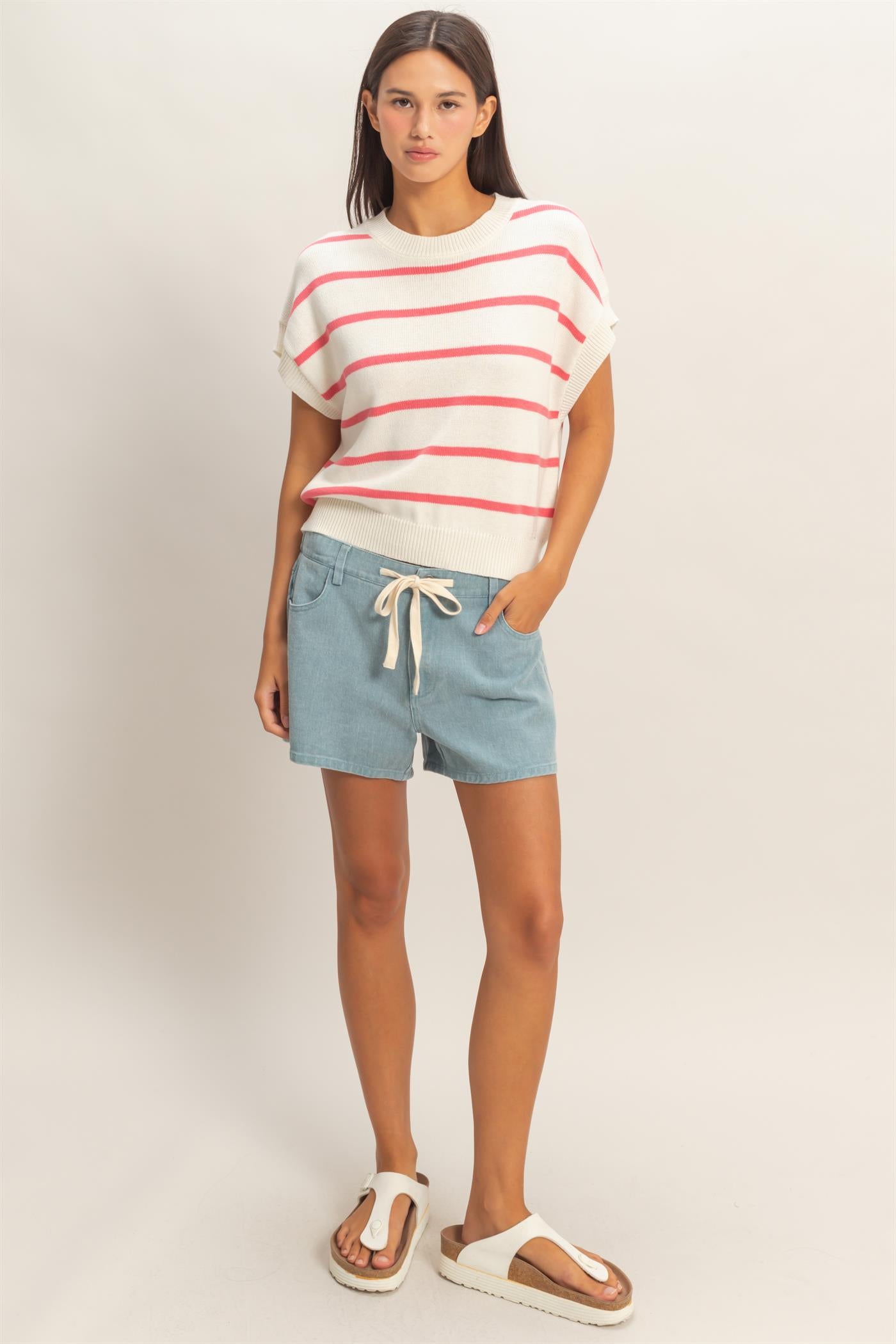 Wholesale Striped Crew Neck Knit Top Clothing Tops DZ26A740 TAFFY PINK DOUBLE ZERO