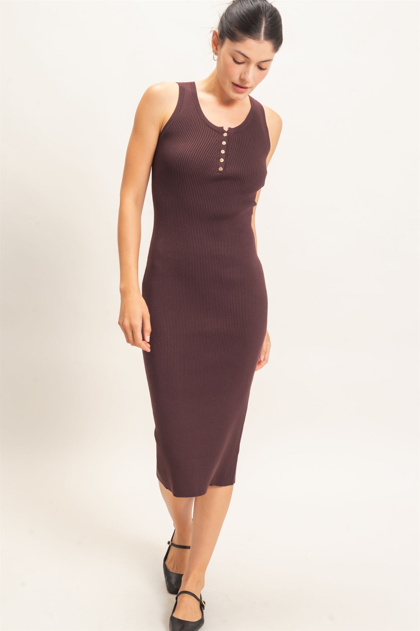 Wholesale Ribbed Button-Front Tank Dress Dresses HF26E218 BROWN HYFVE