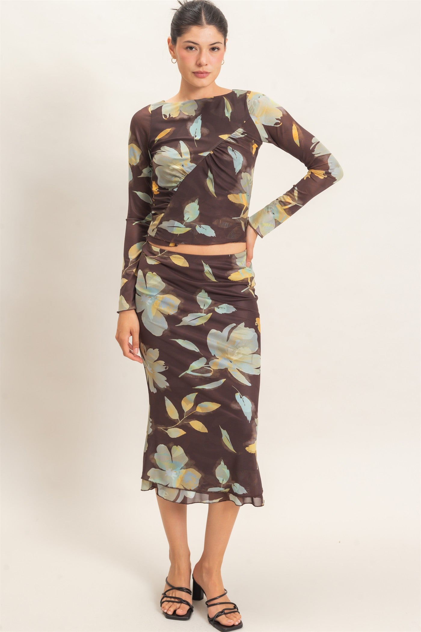 Wholesale Floral Mesh Top And Skirt Set Clothing HF26C933-SET BROWN HYFVE