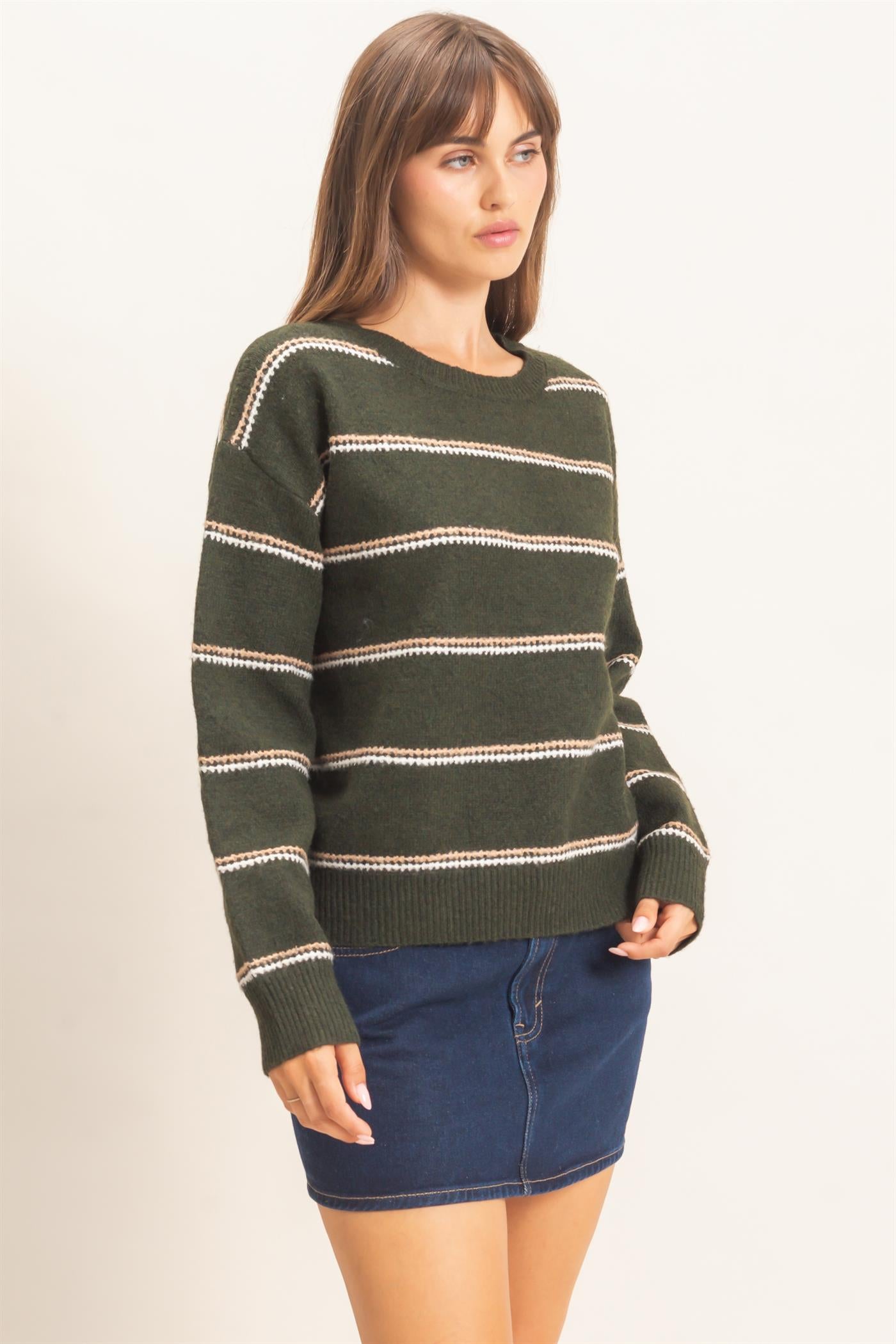 Wholesale Striped Crew Neck Sweater Sweaters HF26E696-D DARK OLIVE HYFVE
