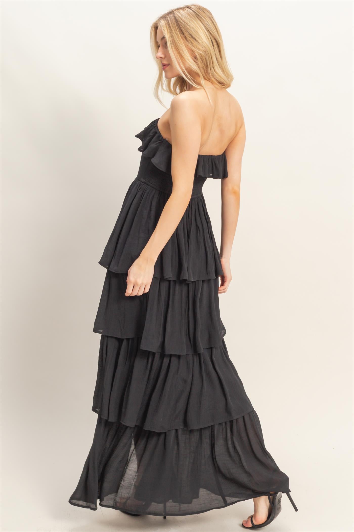 Wholesale Tiered Strapless Ruffle Dress Dresses HF26A616-D BLACK HYFVE