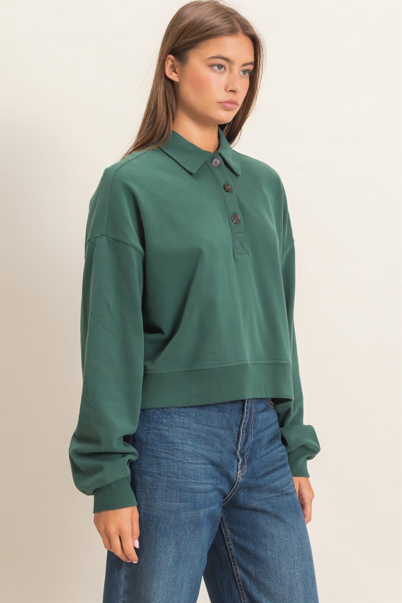 Wholesale Washed Button-Front Collared Sweatshirt Sweatshirts DZ26E390 DARK GREEN DOUBLE ZERO