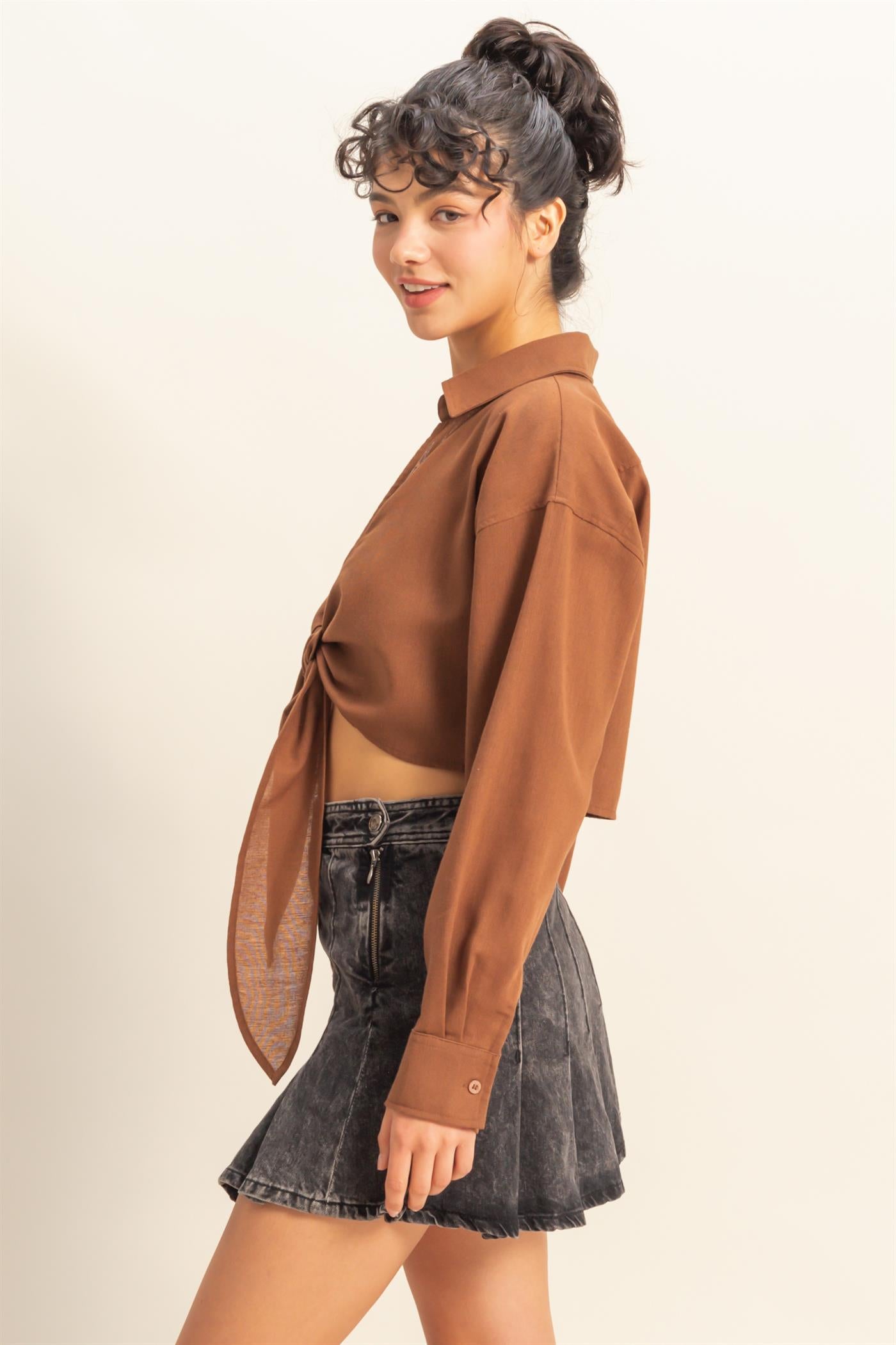 Wholesale Sand Washed Tie Front Crop Top Blouses DZ24C963 CHESTNUT DOUBLE ZERO