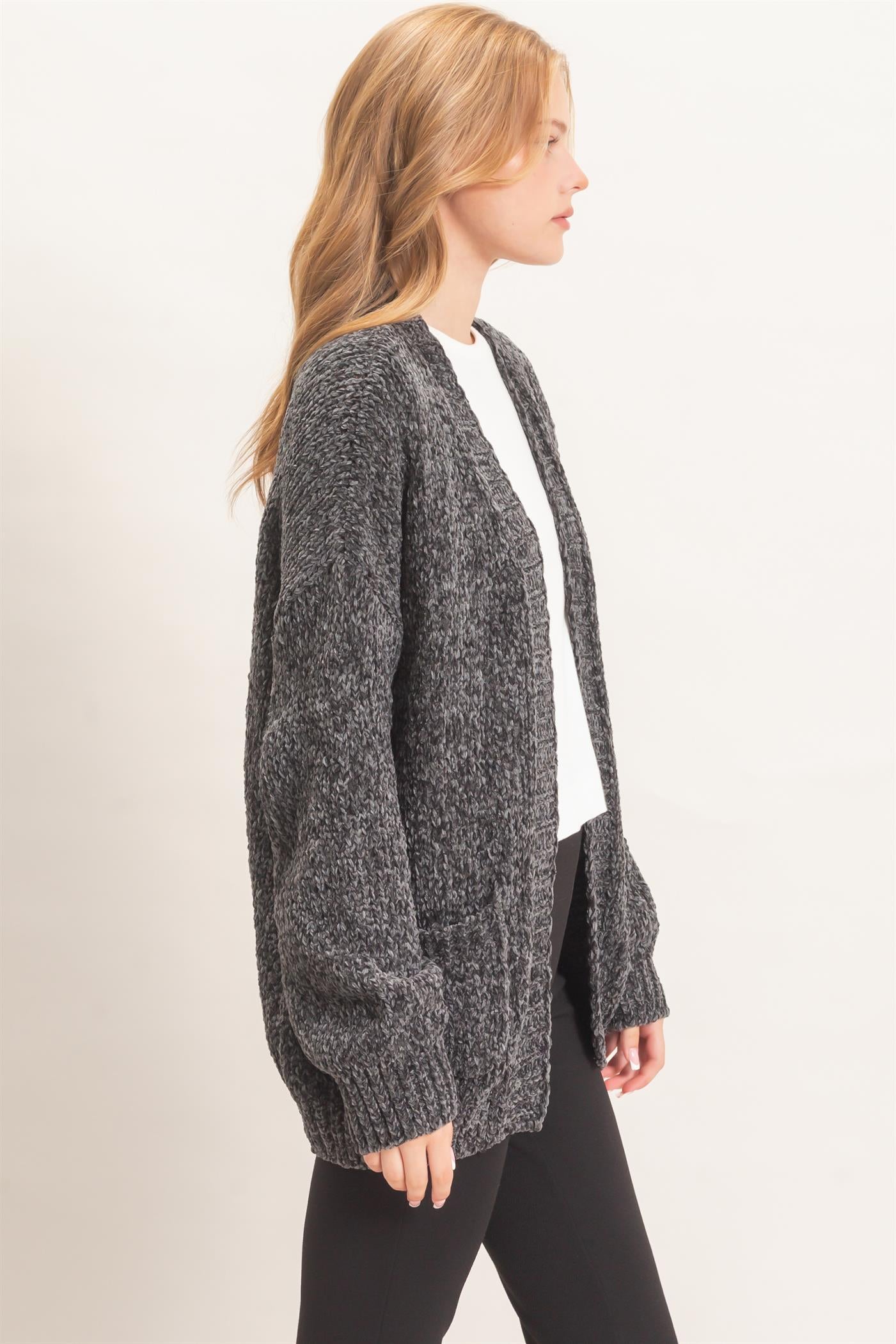 Wholesale Patch Pocket Chenille Cardigan Cardigans HF26E839 CHARCOAL HYFVE