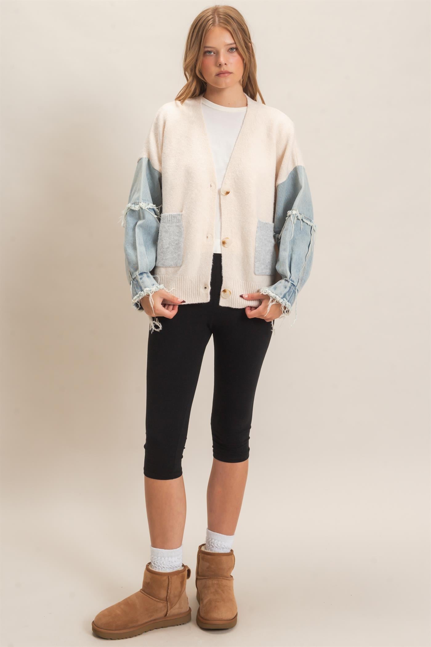 Wholesale V-Neck Cardigan With Distressed Denim Sleeves Cardigans HF26E838 OATMEAL HYFVE