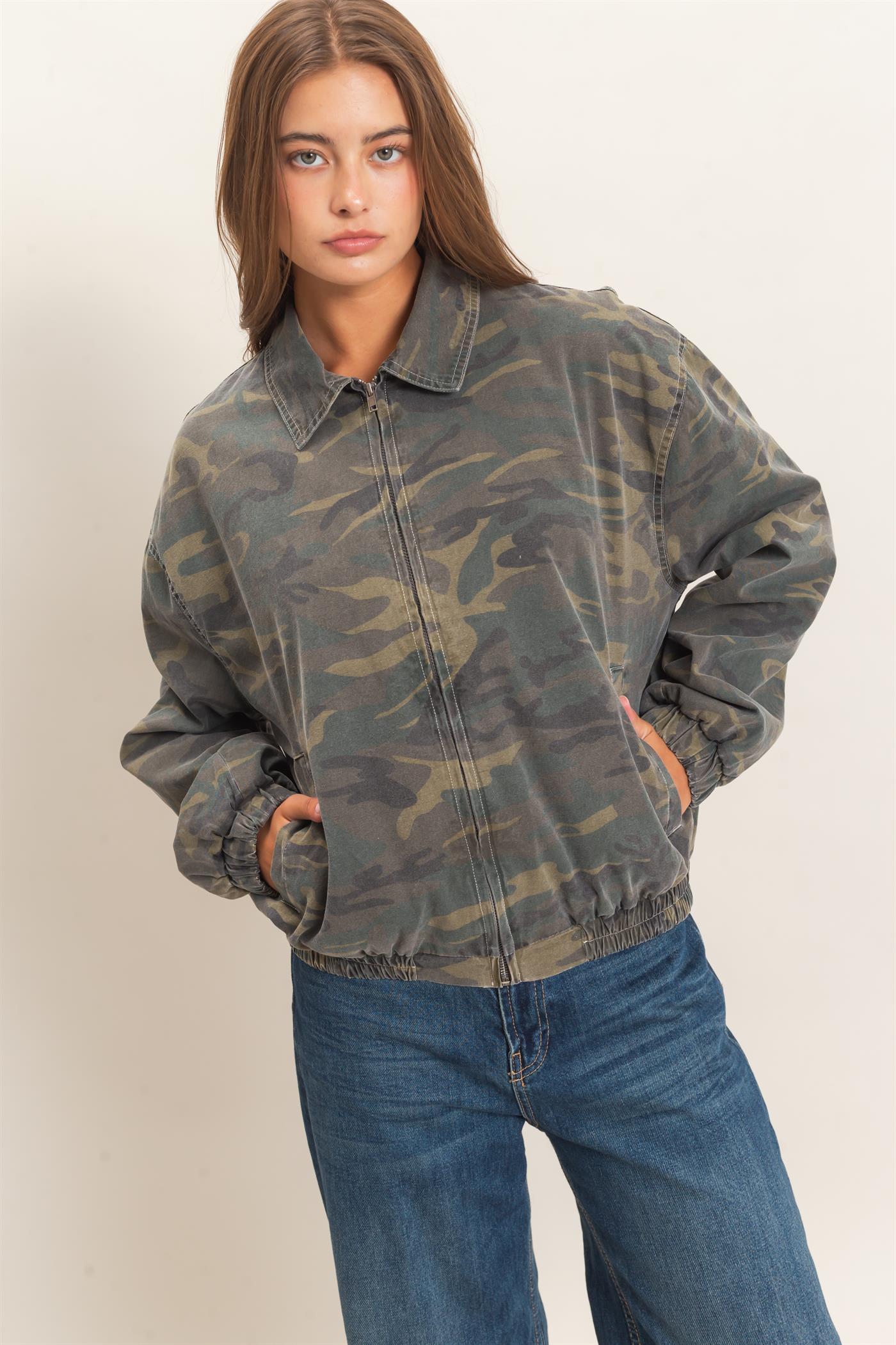 Wholesale Camouflage Zip-Up Jacket Coats & Jackets DZ26E398 DARK GREEN DOUBLE ZERO