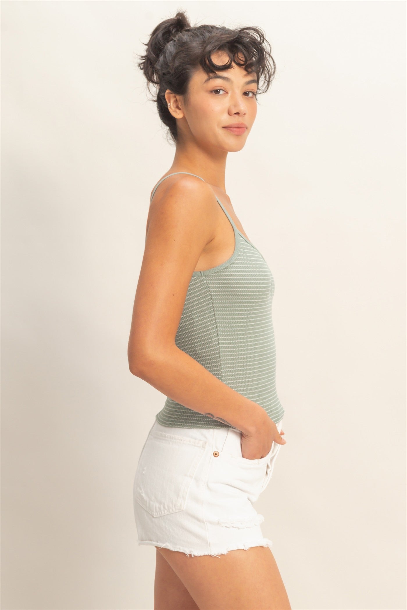 Wholesale Striped Snap-Button Henley Cami Top Camisoles DZ26A885 SAGE GREEN DOUBLE ZERO