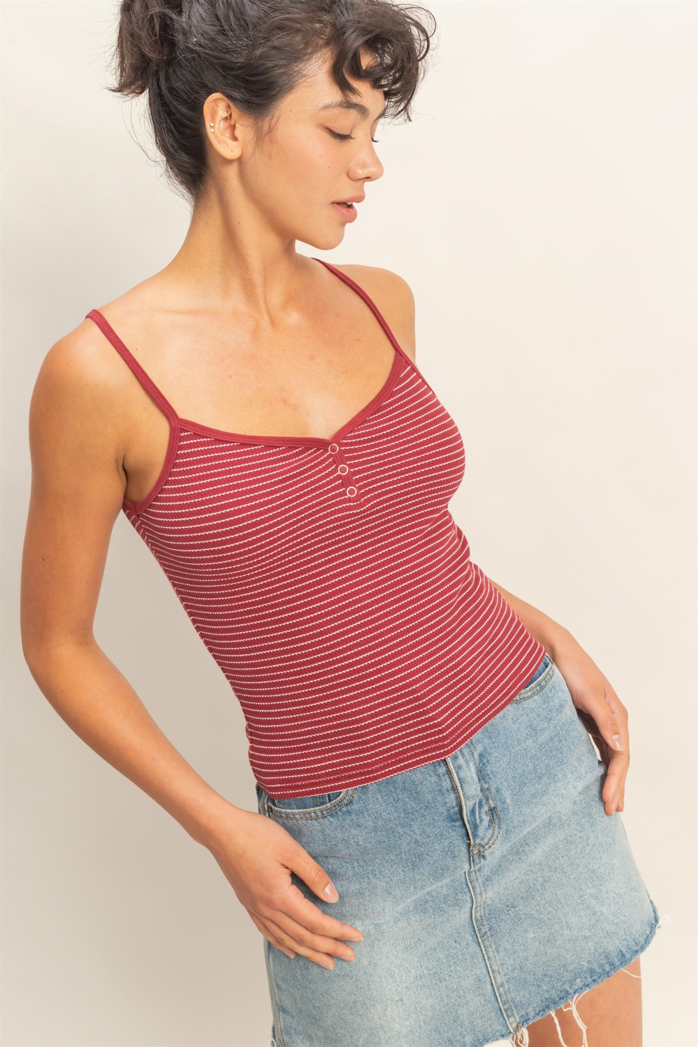 Wholesale Striped Snap-Button Henley Cami Top Camisoles DZ26A885 DARK RED DOUBLE ZERO