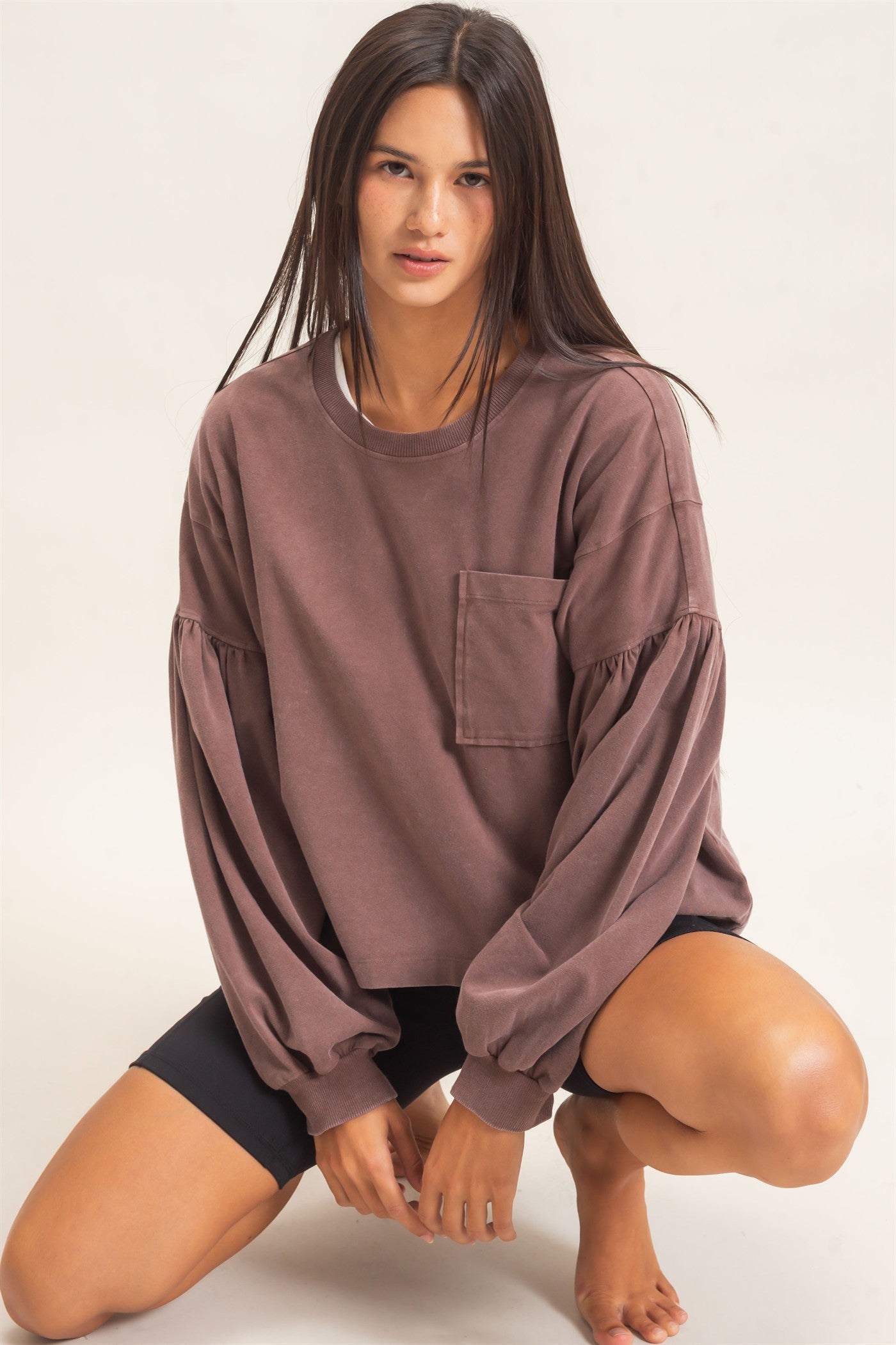 Wholesale Mineral Wash Puff Long Sleeve Boxy Top Clothing Tops DZ26F402 DARK BROWN DOUBLE ZERO