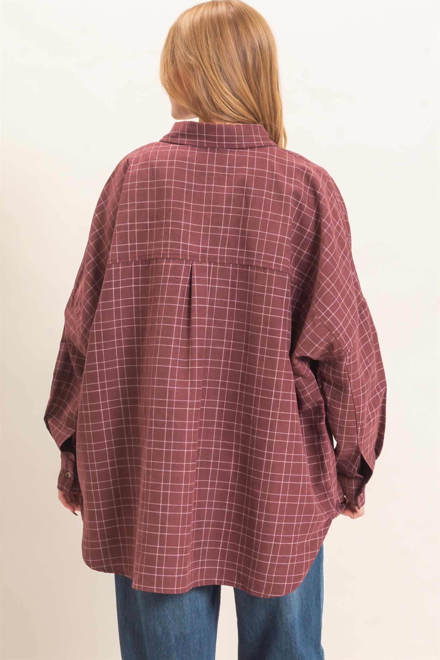 Wholesale Plaid Button-Up Shirt Shirts HF26E734 WINE HYFVE