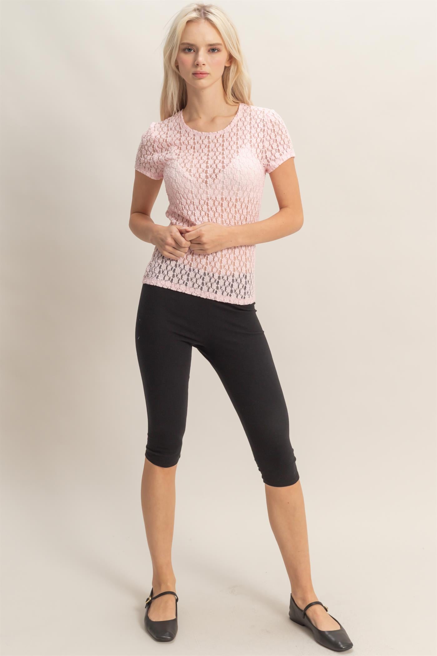 Wholesale Textured Lace Short Sleeve Top Clothing Tops DZ26C394 SOFT PINK DOUBLE ZERO