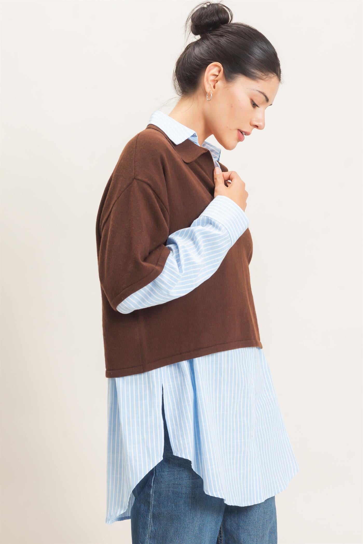 Wholesale Collared V-Neck Sweater Sweaters HF26E038 DARK BROWN HYFVE