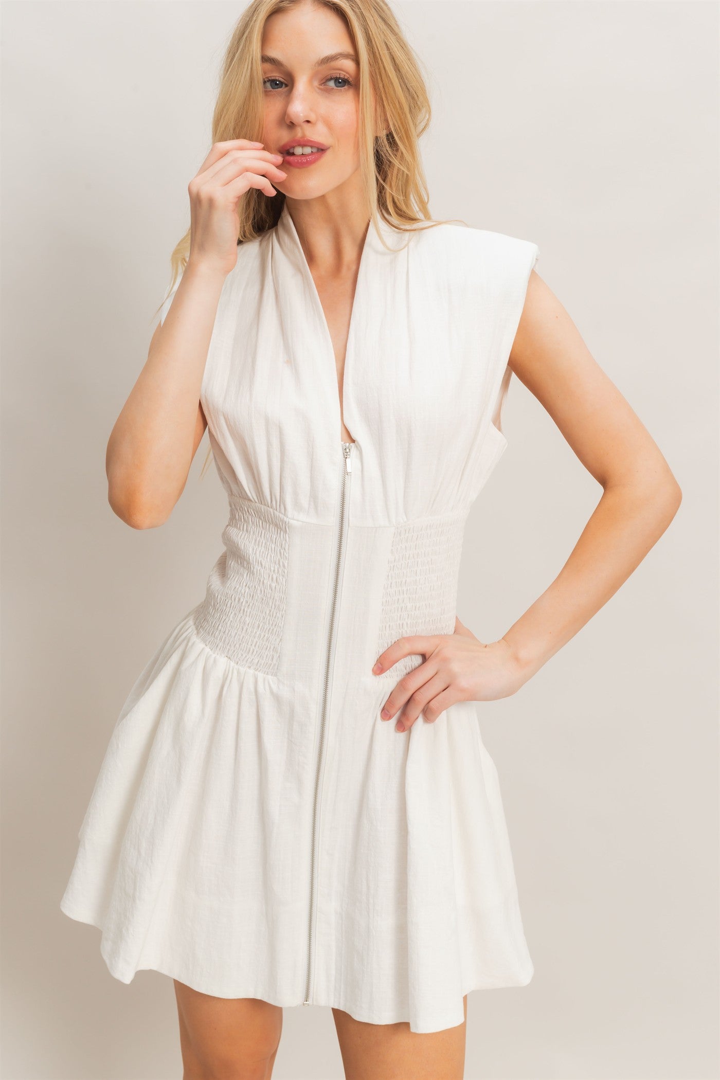 Wholesale Zip Front Shirred Waist Dress Dresses HF26A112 OFF WHITE HYFVE