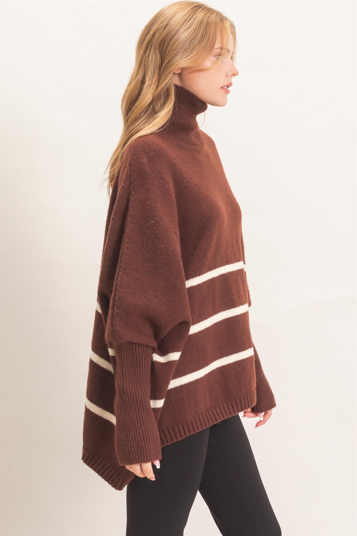 Wholesale Striped Turtleneck Poncho Sweater Sweaters HF26F194 BROWN HYFVE