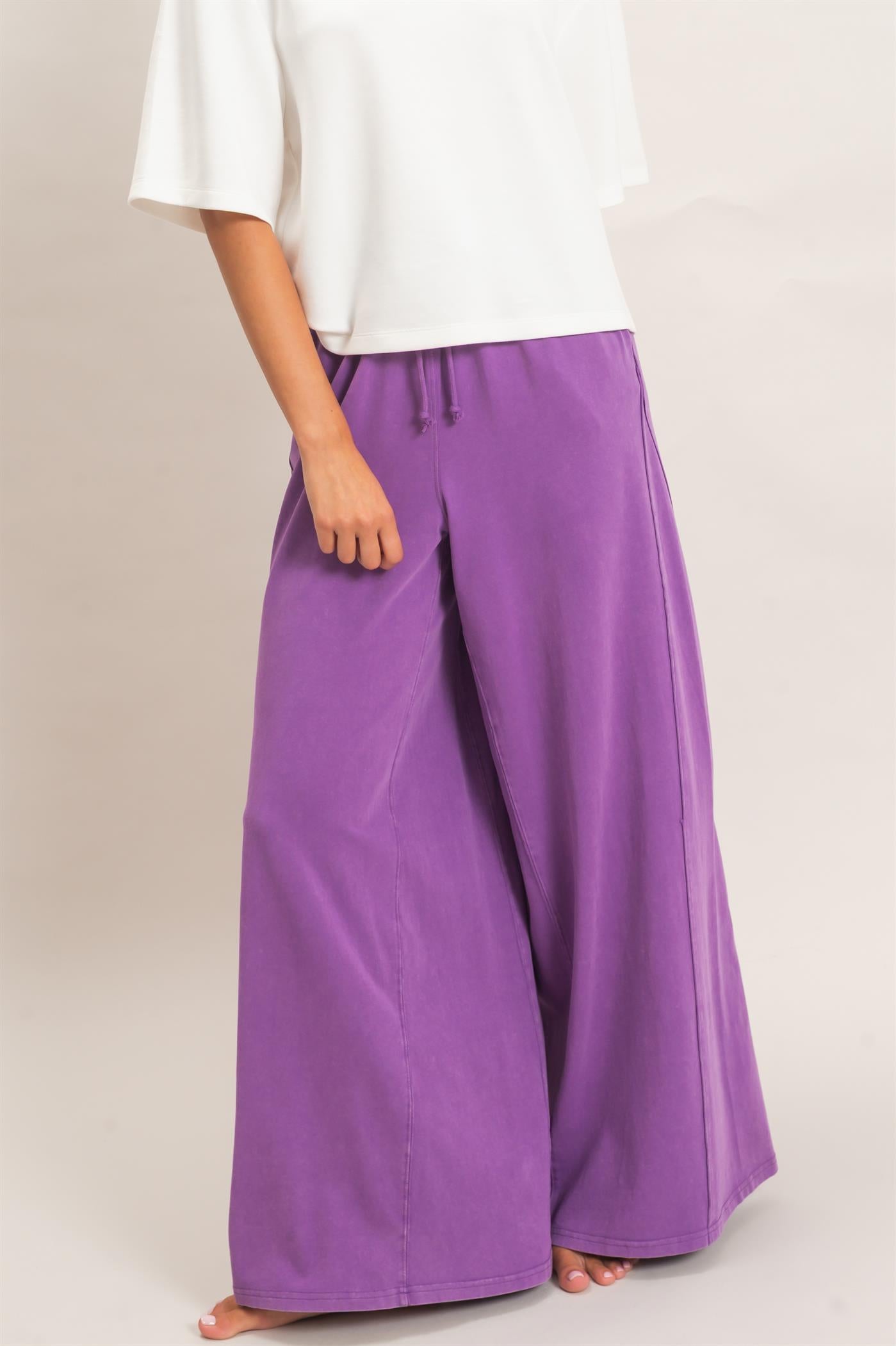 Wholesale Wide Leg Mineral Wash Pants Pants DZ26F406 PLUM DOUBLE ZERO