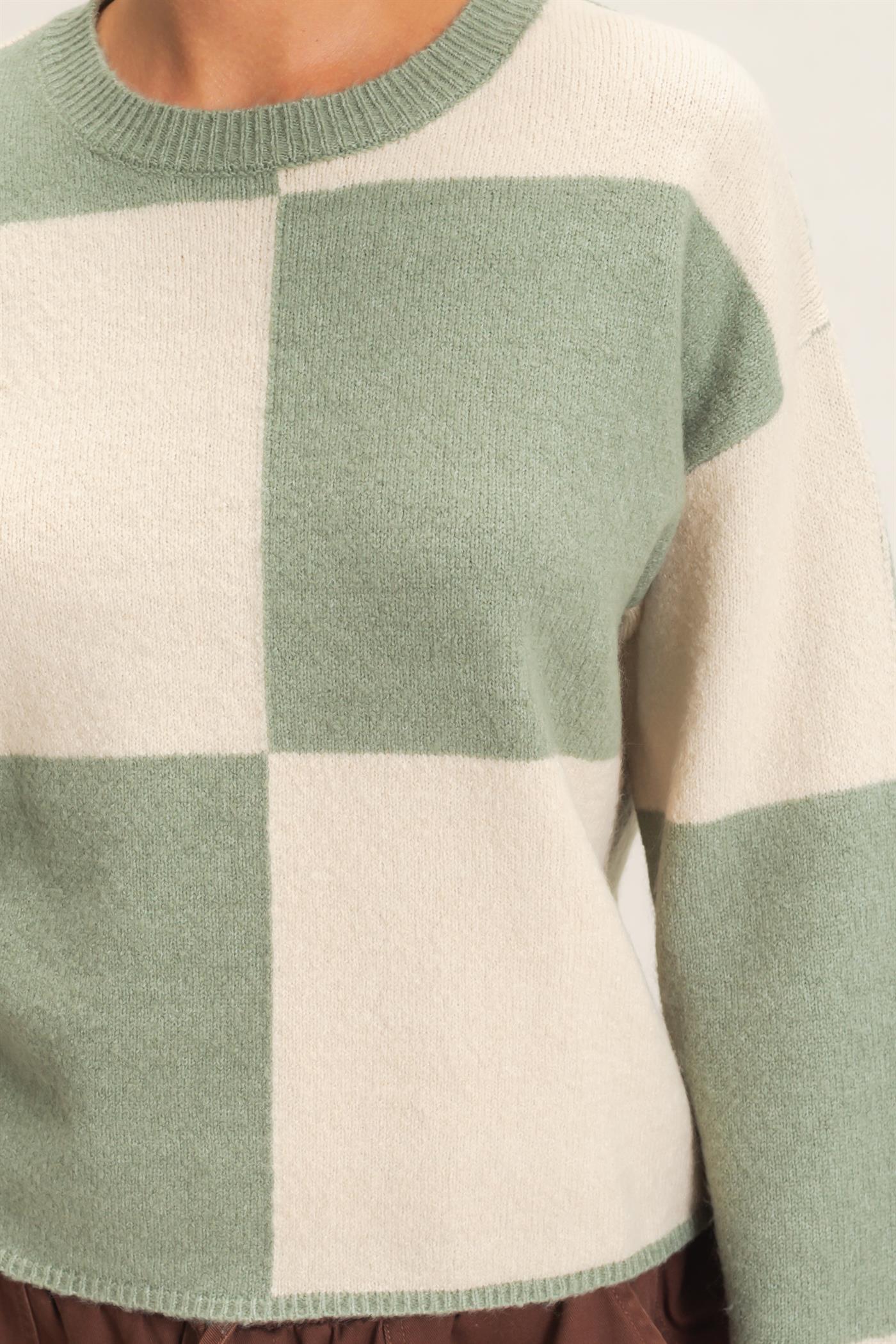 Wholesale Crew Neck Checkered Sweater Sweaters DZ26C980 SAGE GREEN DOUBLE ZERO