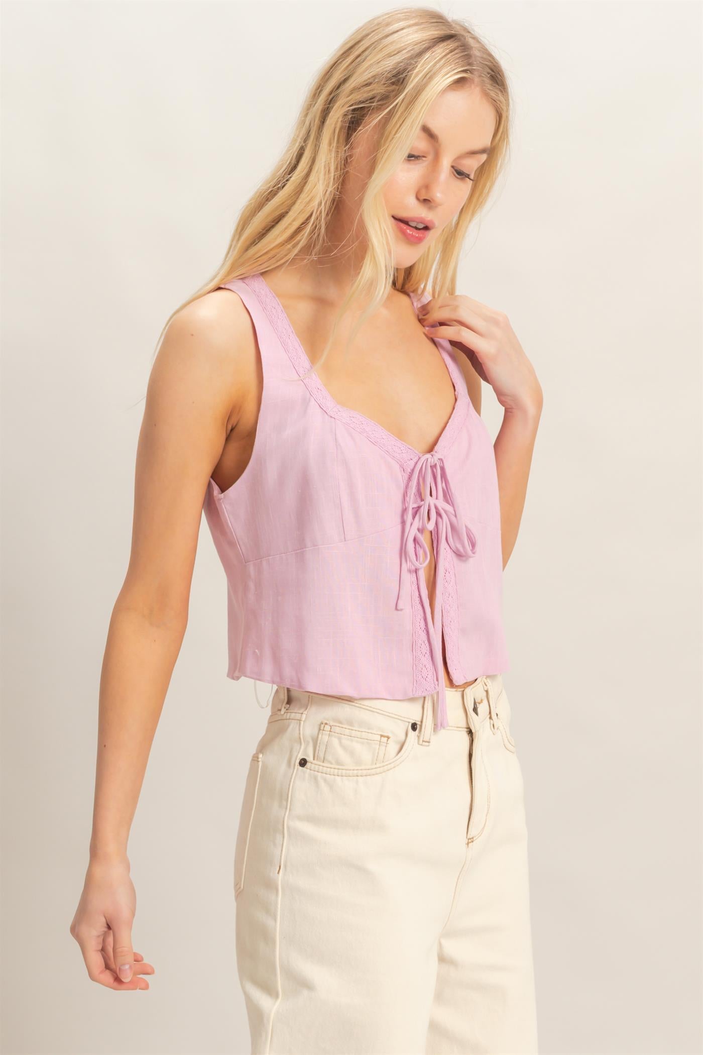 Wholesale Sleeveless Tie-Front Top Blouses HF26C298 PINK LAVENDER HYFVE