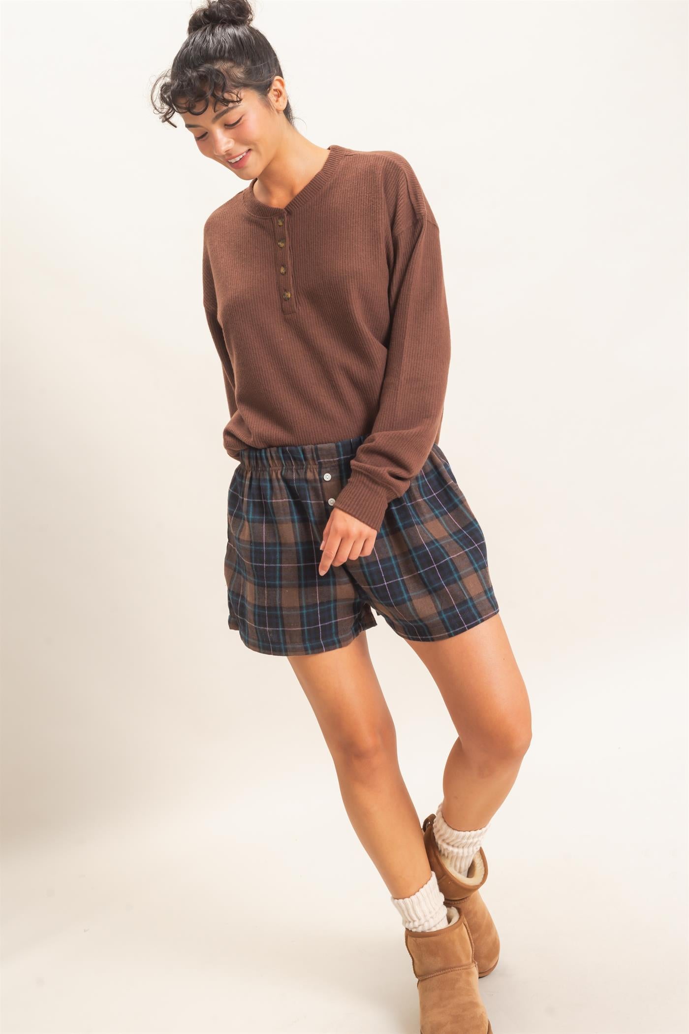 Wholesale Plaid Shorts With Button Front Shorts DZ26F270 BROWN DOUBLE ZERO