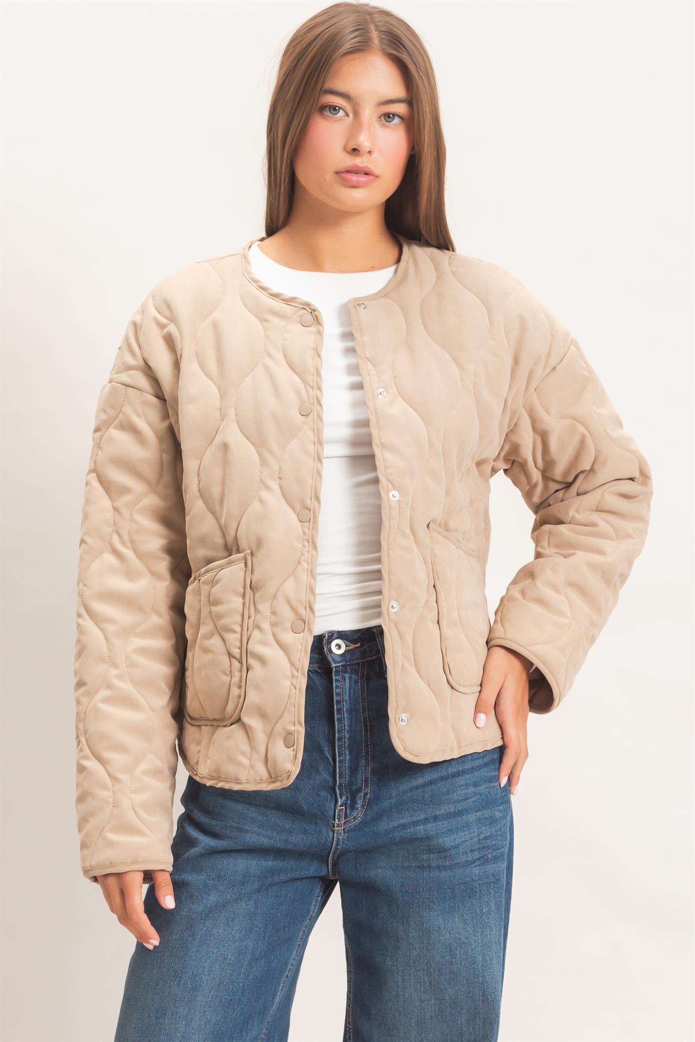Wholesale Quilted Button Front Jacket Coats & Jackets DZ26F254 TAUPE DOUBLE ZERO