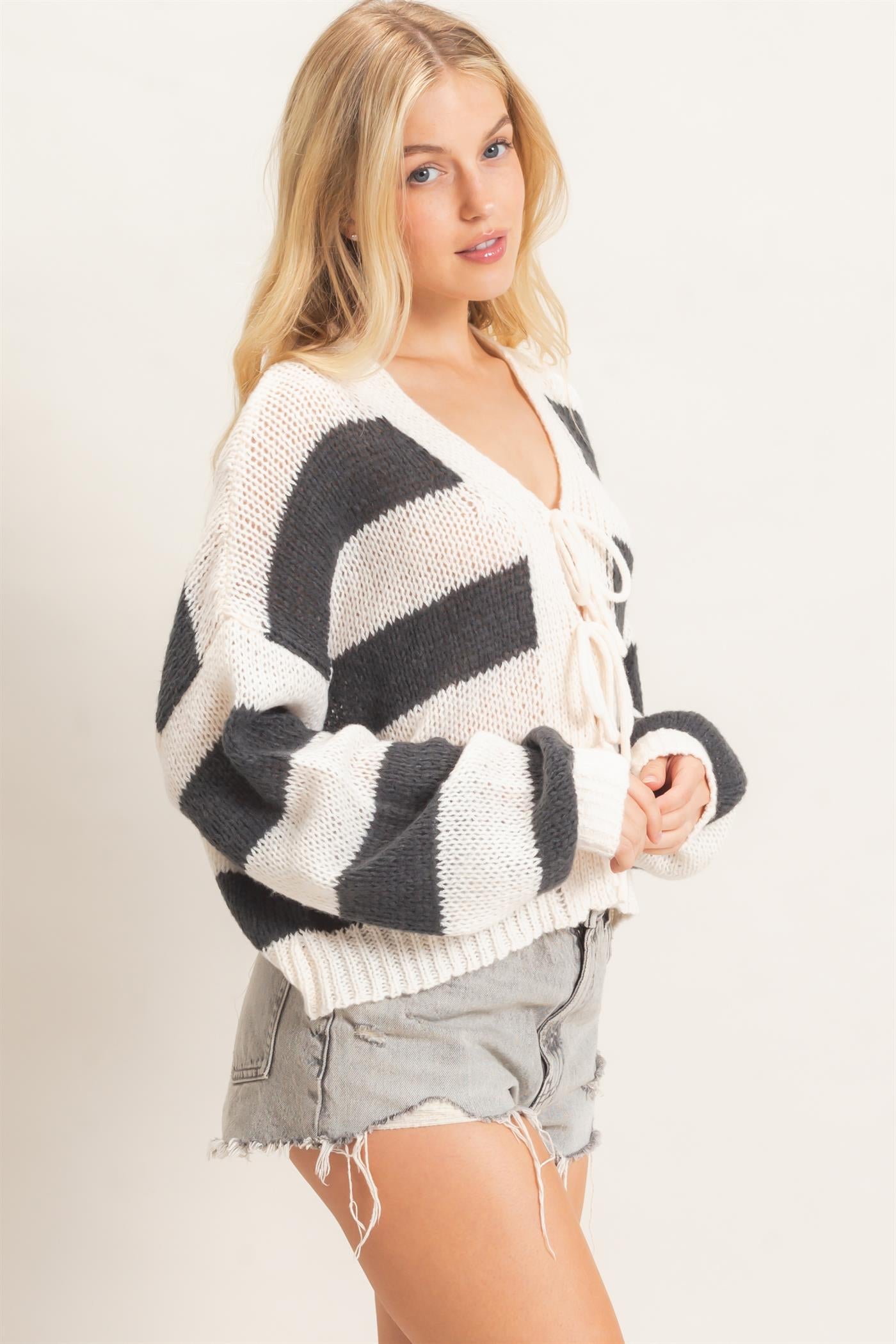 Wholesale Striped V-Neck Sweater Cardigan Cardigans HF26E959 CHARCOAL HYFVE