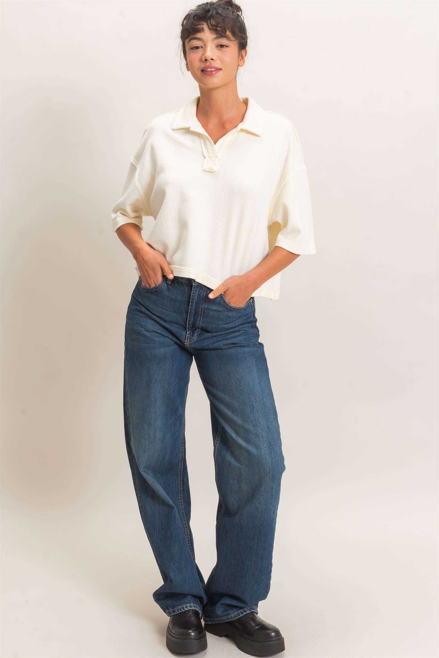 Wholesale Mineral Wash Oversized Collar Short Sleeve Top Clothing Tops DZ26E813 CREAM DOUBLE ZERO