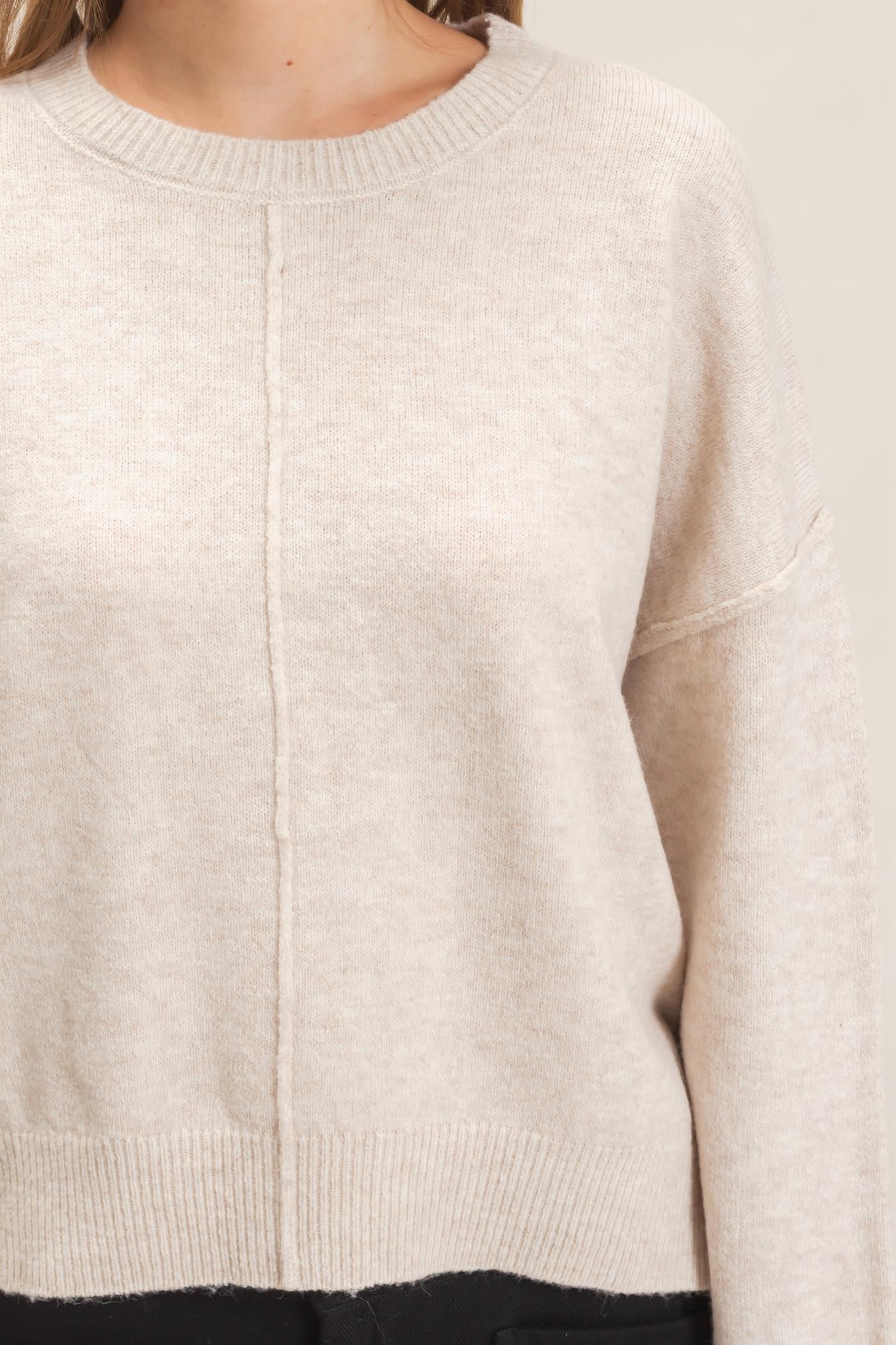 Wholesale Crew Neck Sweater With Ribbed Hem Sweaters HF26E203-D OATMEAL HYFVE