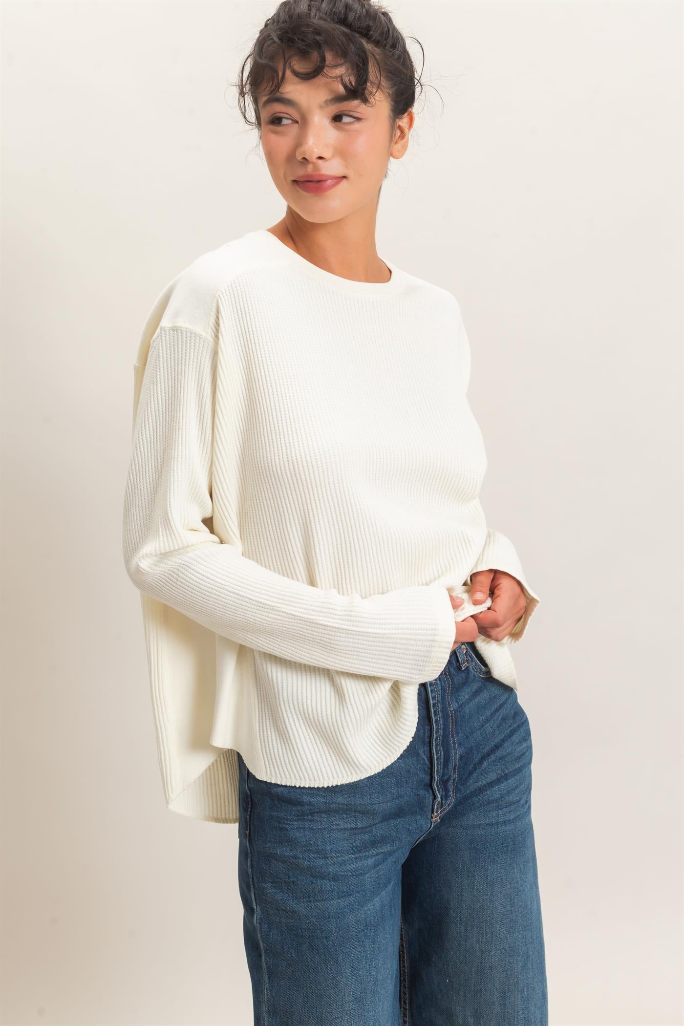 Wholesale Oversized Mineral Washed Waffle Knit Top Clothing Tops DZ26E654 CREAM DOUBLE ZERO