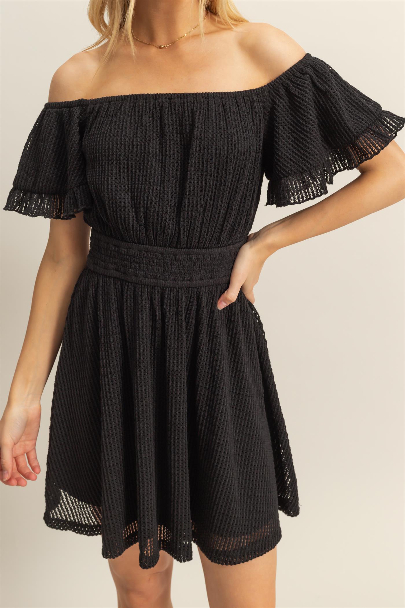 Wholesale Crochet Off-The-Shoulder Mini Dress Dresses HF25E125 BLACK HYFVE