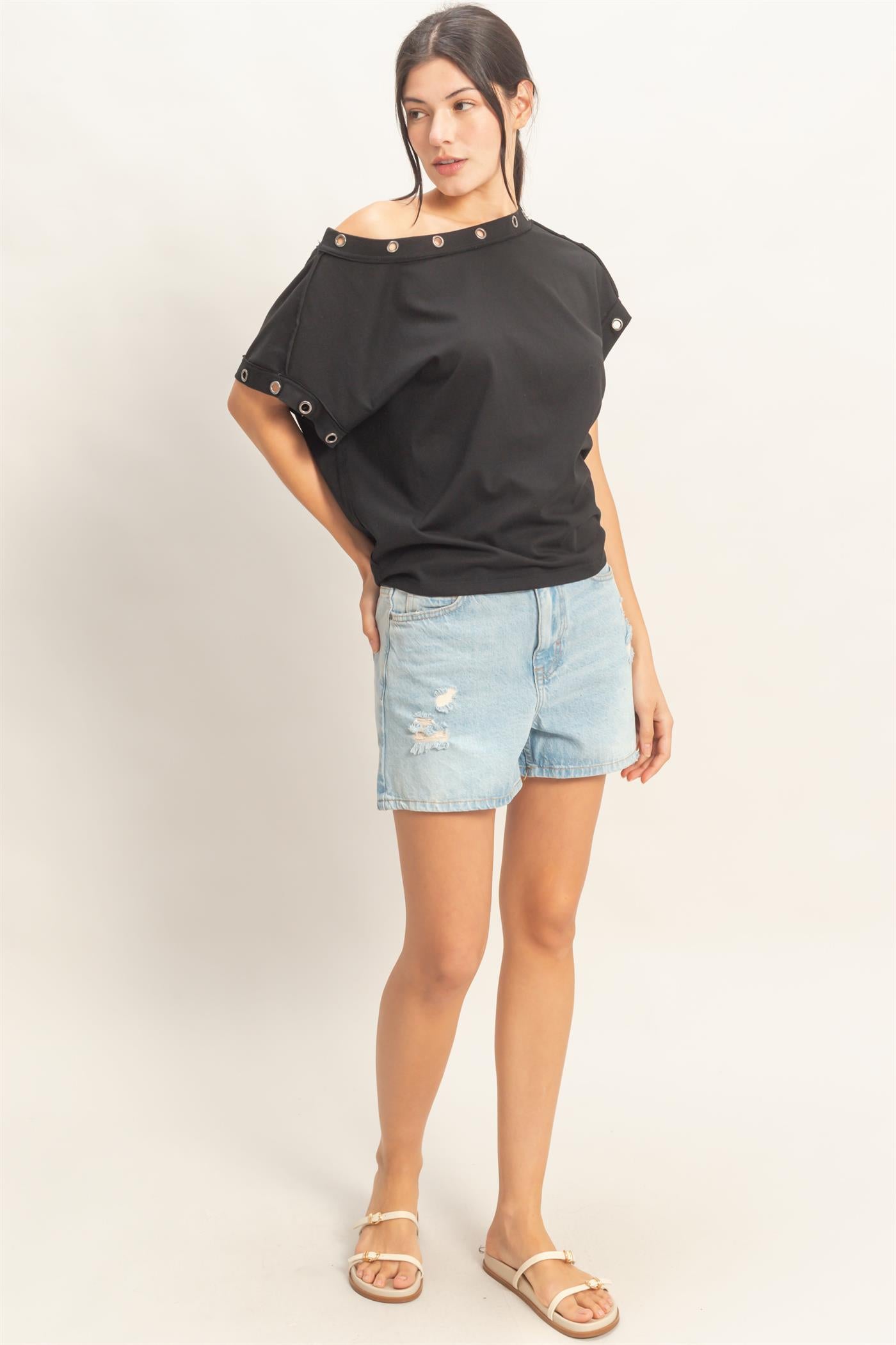 Wholesale Off Shoulder Top With Eyelets T-Shirts HF26E794 BLACK HYFVE