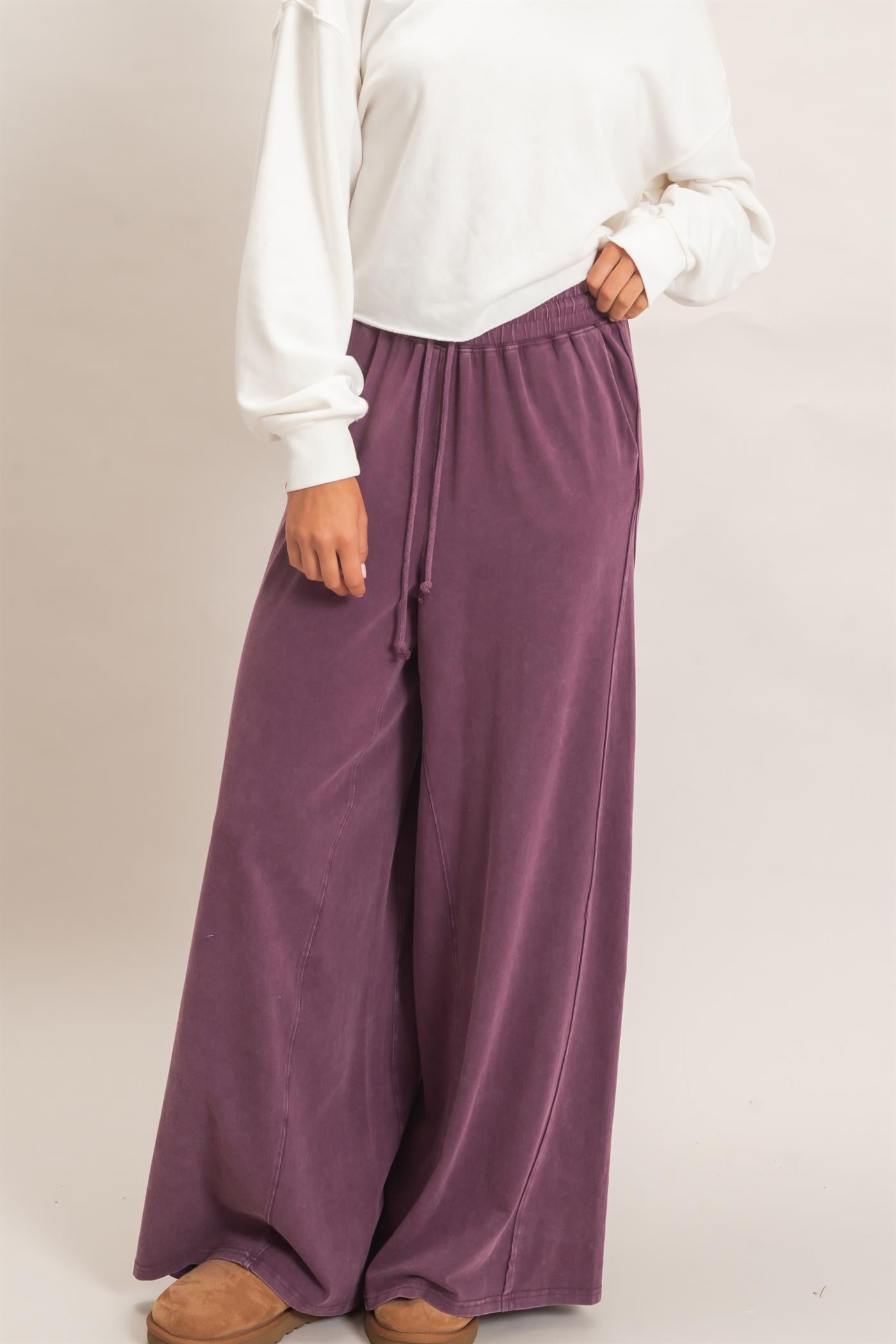 Wholesale Wide Leg Mineral Wash Pants Pants DZ26F406 DARK CHERRY DOUBLE ZERO