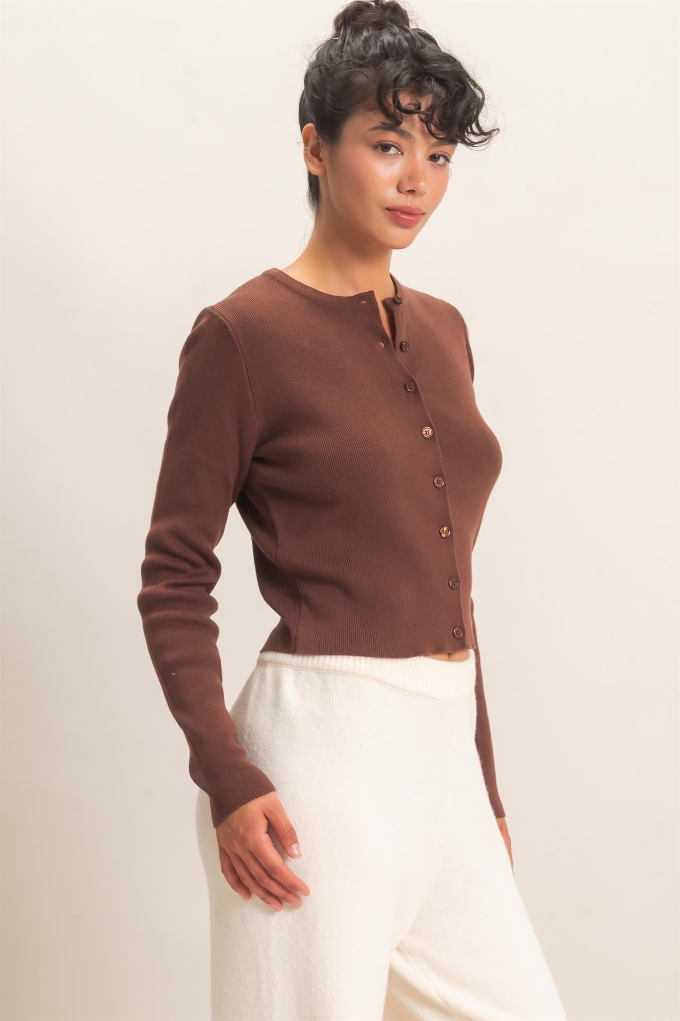 Wholesale Ribbed Crew Neck Cardigan Cardigans DZ27A153 DARK BROWN DOUBLE ZERO