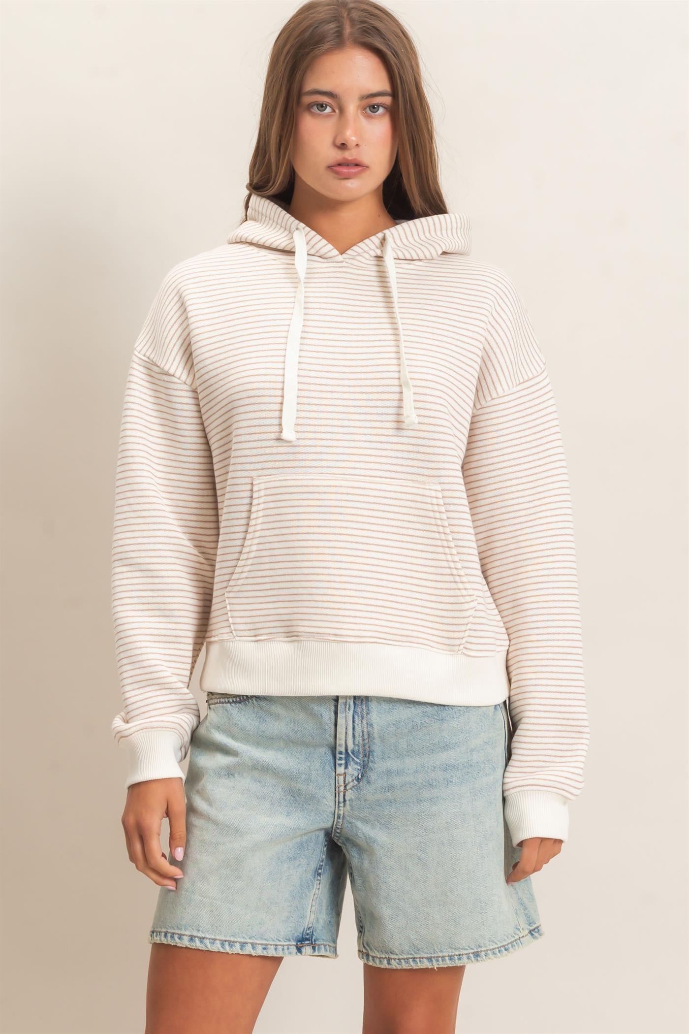 Wholesale Striped French Terry Hoodie Hoodies DZ26C619 DARK TAUPE DOUBLE ZERO