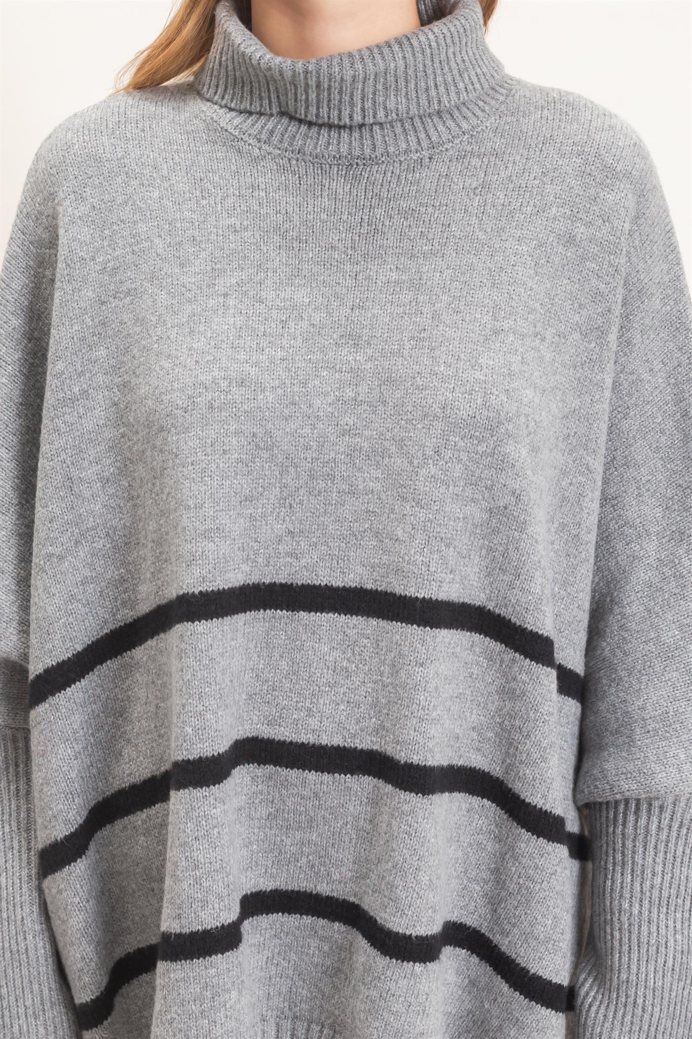 Wholesale Striped Turtleneck Poncho Sweater Sweaters HF26F194 HEATHER GRAY HYFVE