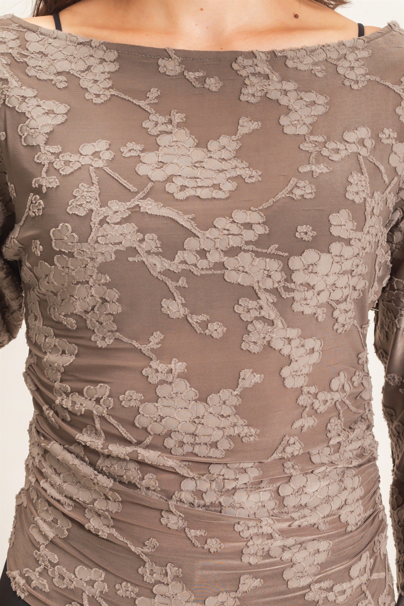 Wholesale Sheer Lace Boat Neck Top Blouses HF26E761 GRAY HYFVE