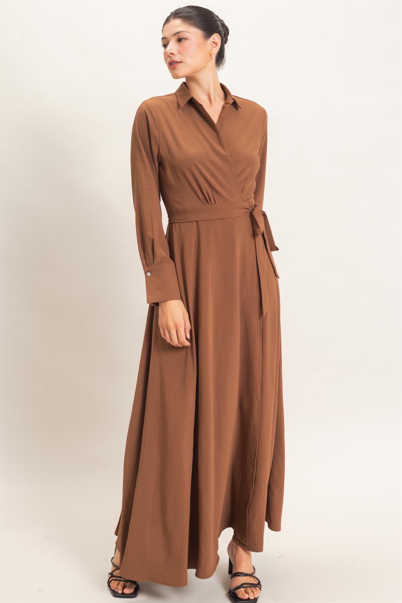 Wholesale Collared Wrap Shirt Dress Dresses HF25E869 BROWN HYFVE