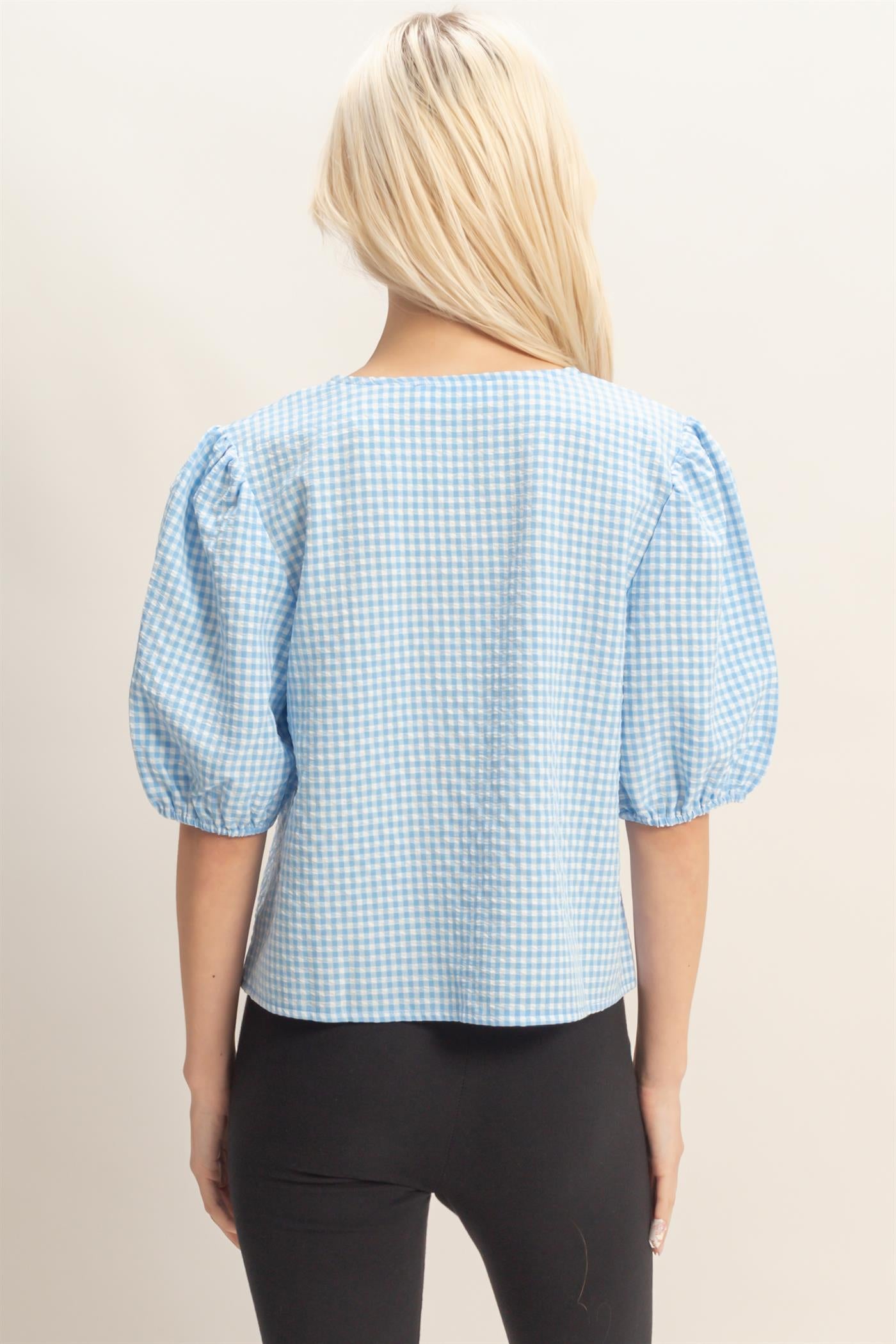 Wholesale Gingham Bow Tie Puff Sleeve Blouse Blouses DZ26C229 BLUE DOUBLE ZERO