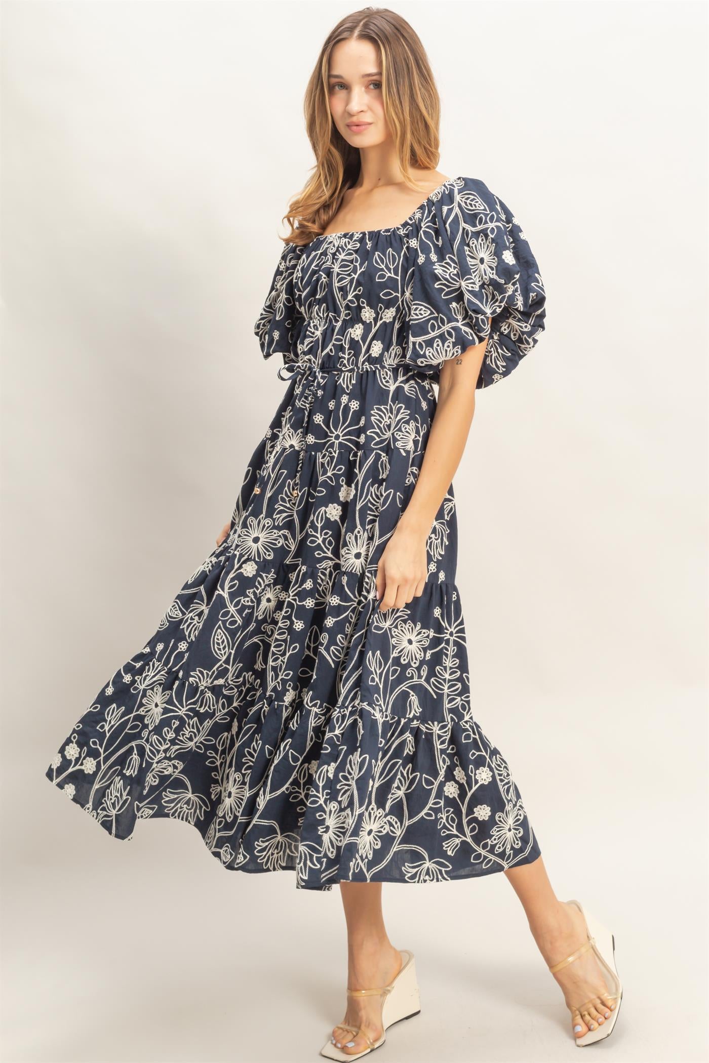 Wholesale Floral Puff Sleeve Midi Dress Dresses HF26C777-D NAVY HYFVE