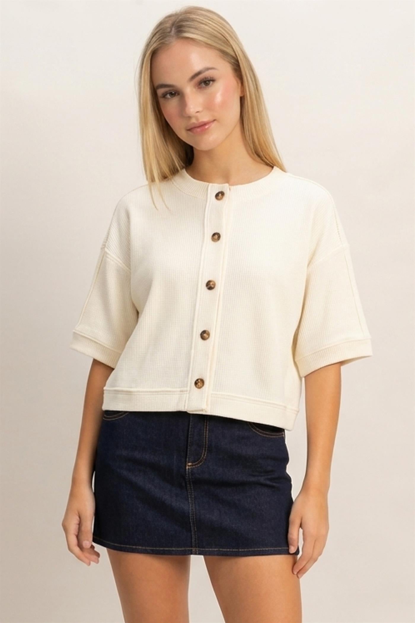 Wholesale Button-Down Short Sleeve Waffle Top Clothing Tops DZ26F244 CREAM DOUBLE ZERO