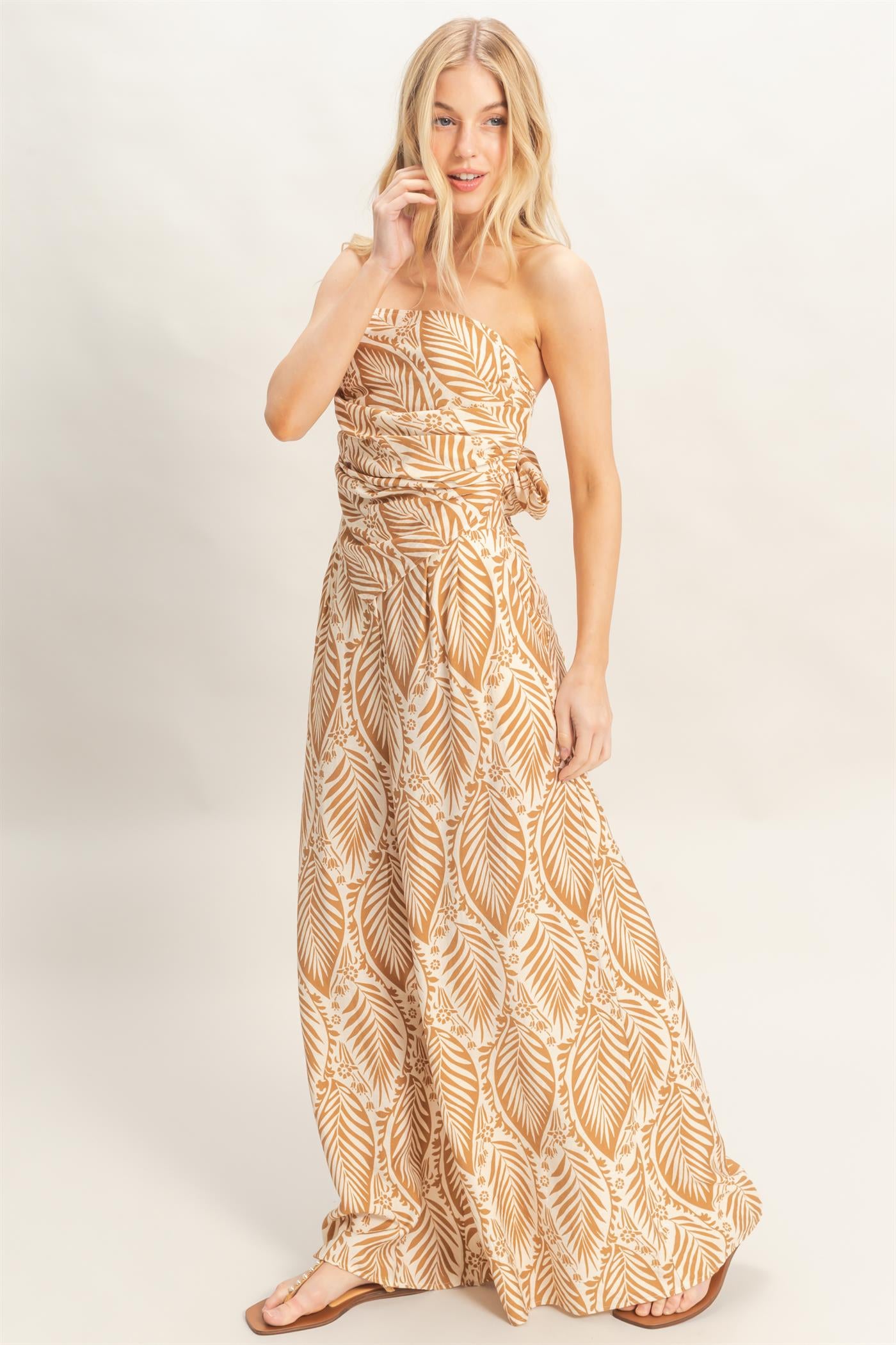 Wholesale Strapless Top & Pant Print Set Clothing HF25E577-SET-D L.BROWN HYFVE