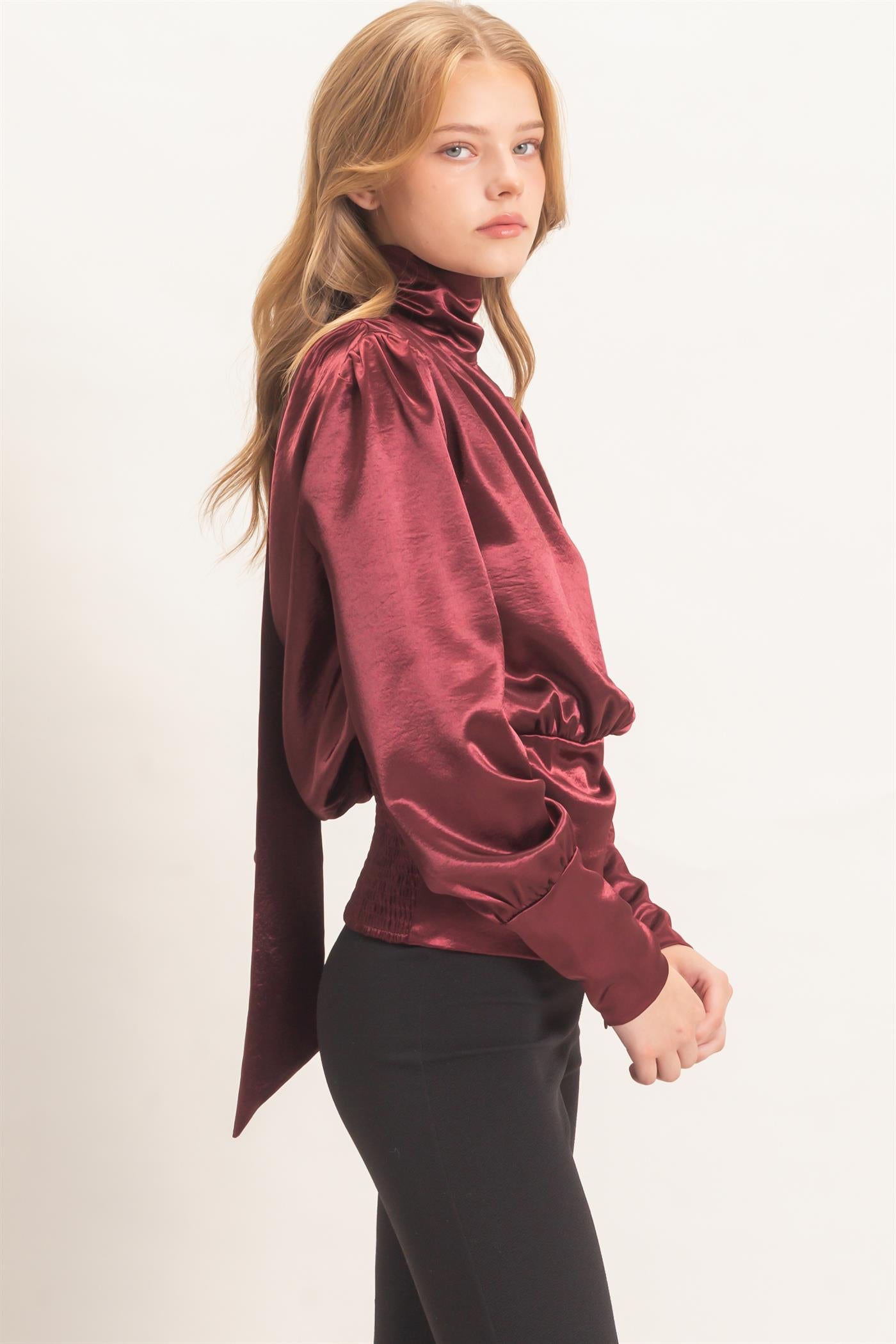 Wholesale Satin Cowl Back Blouse Blouses HF26F113 WINE HYFVE