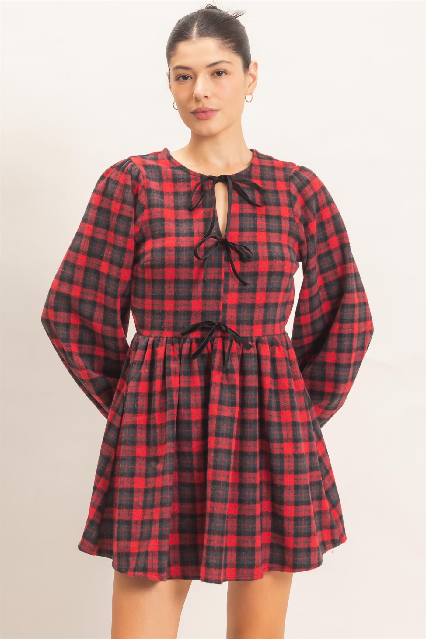 Wholesale Plaid Velvet Ribbon Tie Mini Dress Dresses HF26E965 RED HYFVE