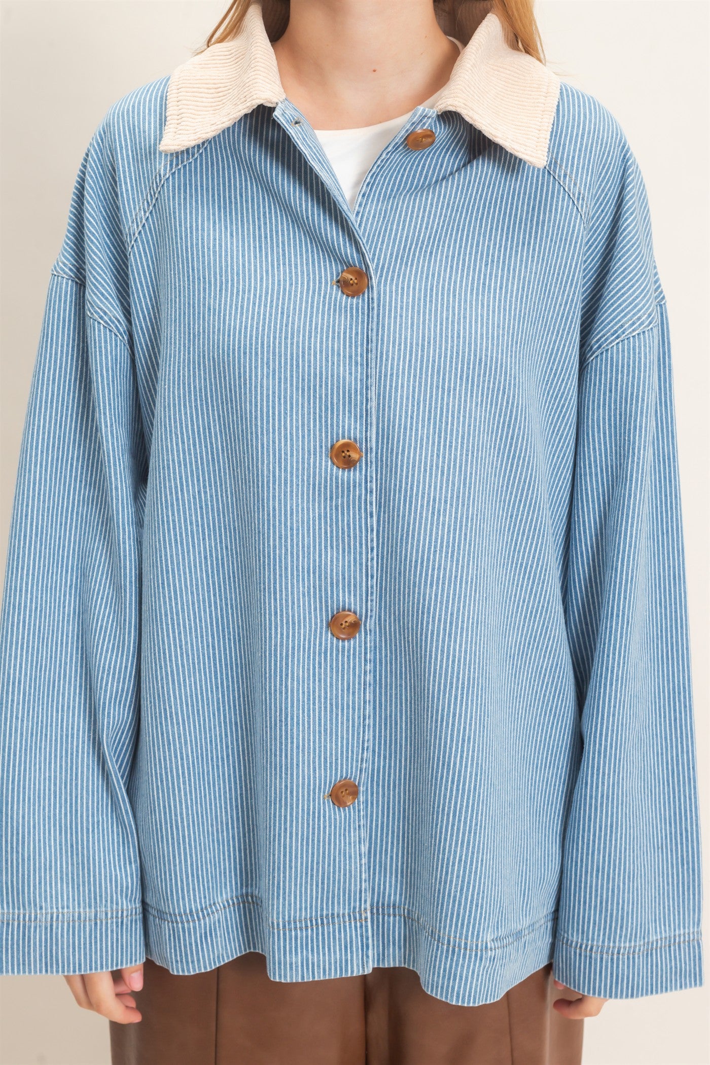 Wholesale Pinstripe Denim Jacket Coats & Jackets HF26C006 LIGHT DENIM HYFVE