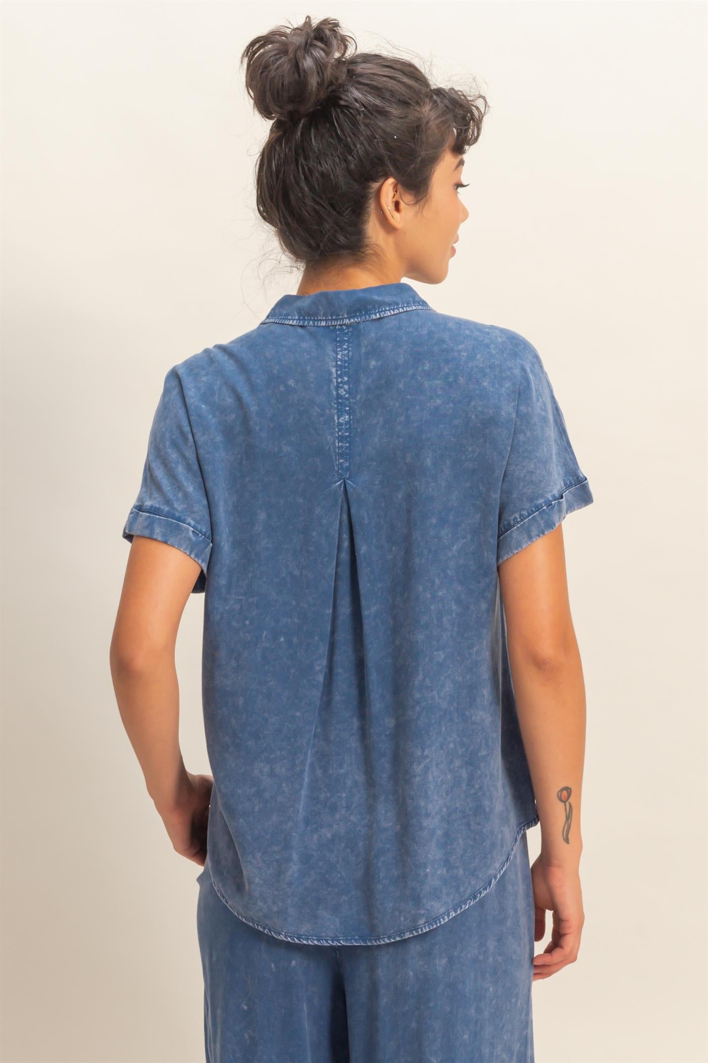 Wholesale Mineral Wash Button-Up Dolman Sleeve Shirt Shirts DZ26C132 NAVY DOUBLE ZERO