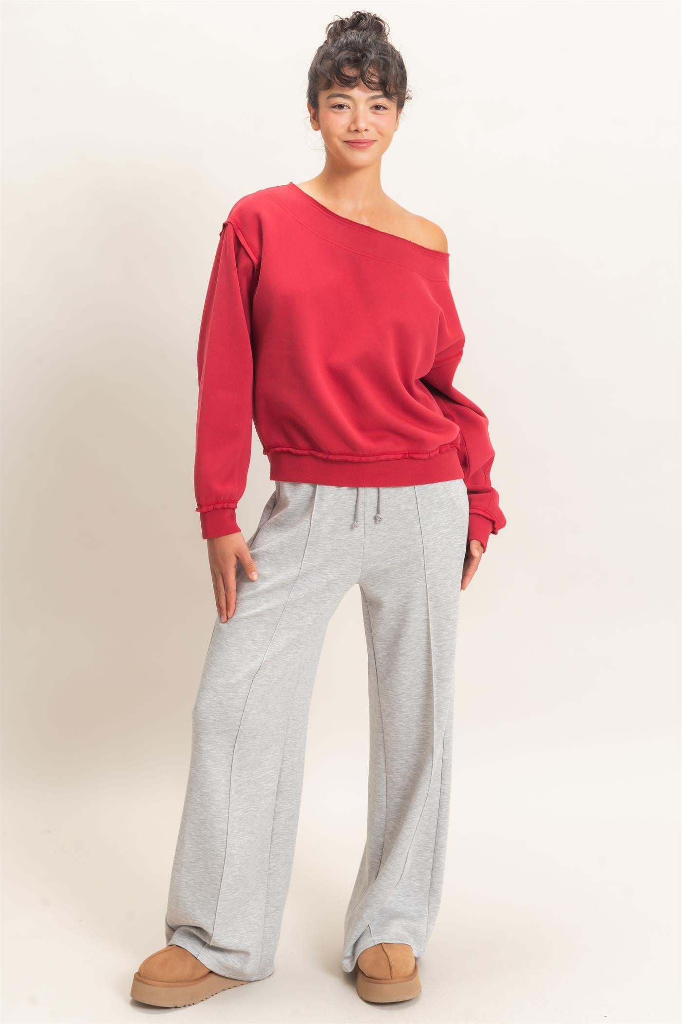 Wholesale Off Shoulder Sweatshirt Sweatshirts DZ26C880 DARK RED DOUBLE ZERO