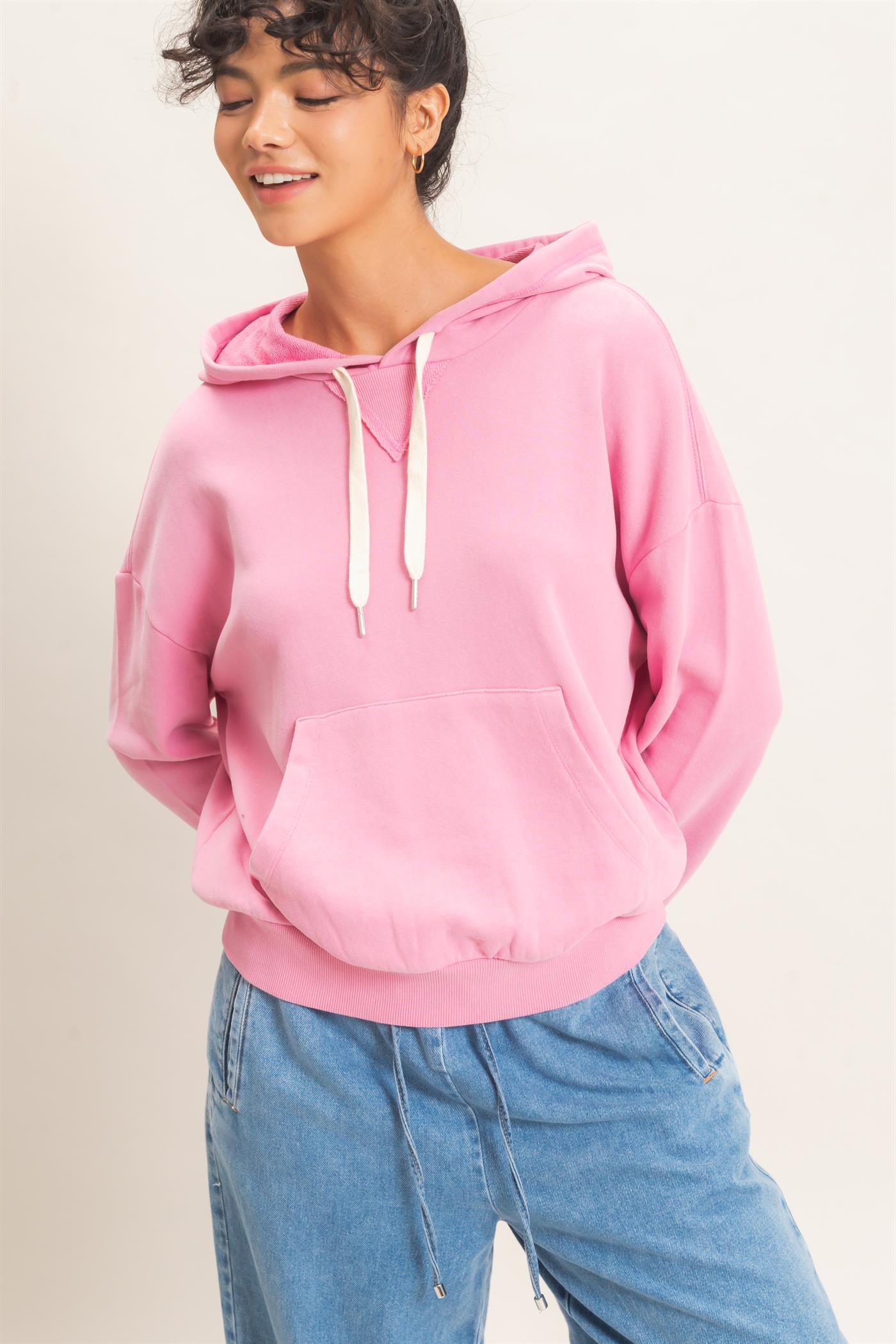 Wholesale Acid Wash Hoodie Clothing Tops DZ26E112 PINK DOUBLE ZERO
